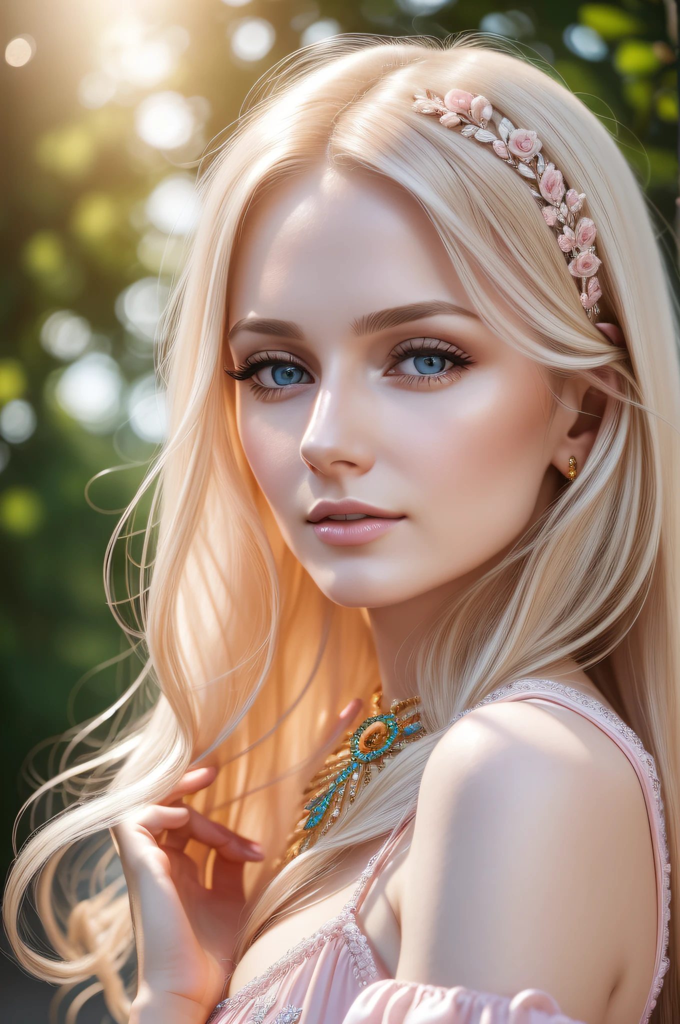 Photo of beautiful Russian woman, 30 years old, bewitching, blonde long hair, brown eyes, light pink dress, accessories, suburb, (pale skin), upper body, detail, high detail, sharp focus, depth of field, photorealistic, ultra high resolution, photo, 8K, (photorealistic: 1.1),