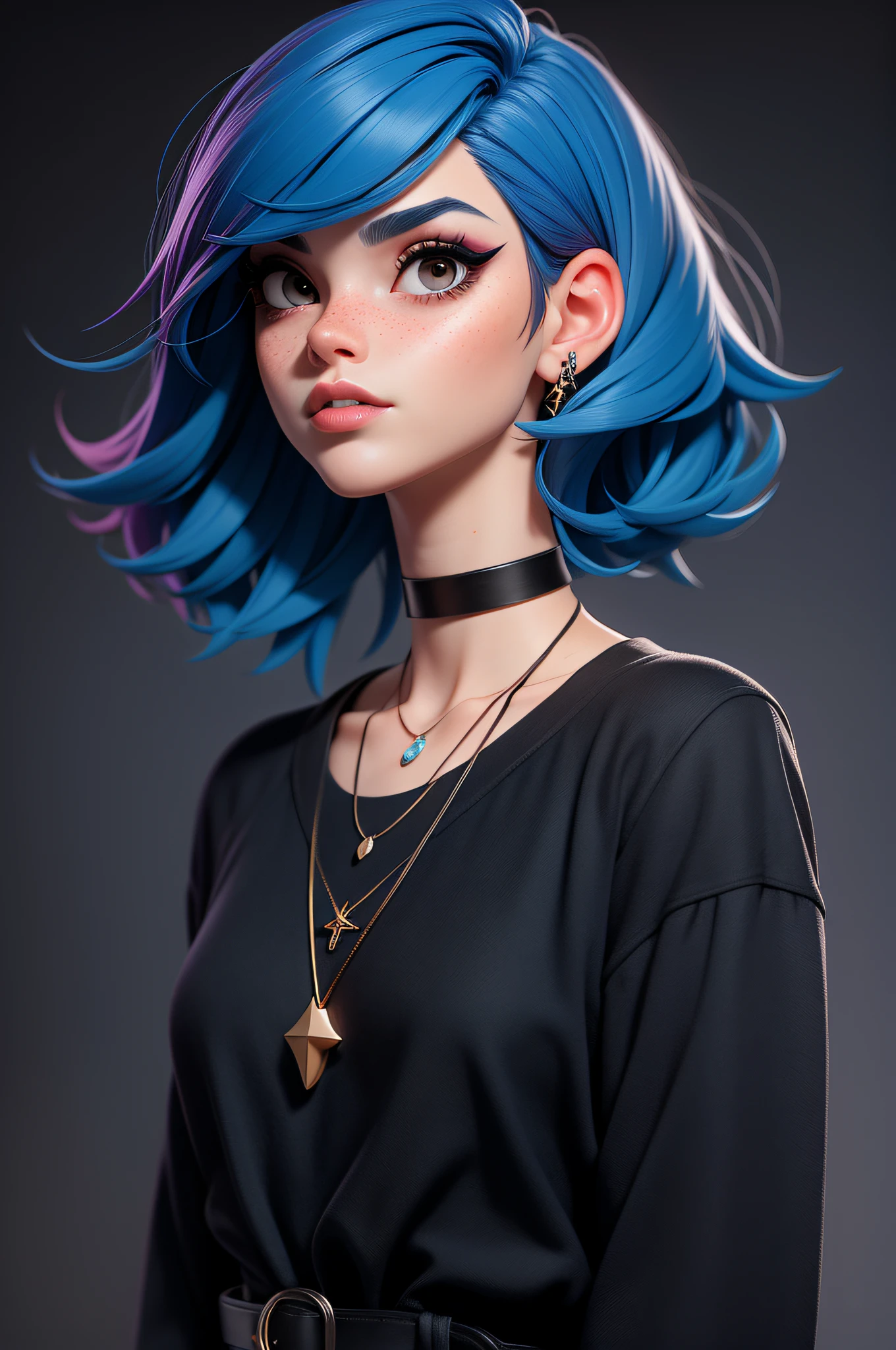 masterpiece, best quality,3d rending work ,3DMM style,close-up,portrait, 3D,1girl, solo, multicolored hair, blue hair, black hair, necklace, freckles, jewelry, two-tone hair, looking to the side, realistic, upper body, simple background, bangs, looking away, short hair, parted lips, black eyes, lips, gothic, choker, makeup, mole, black shirt, shirt, watermark