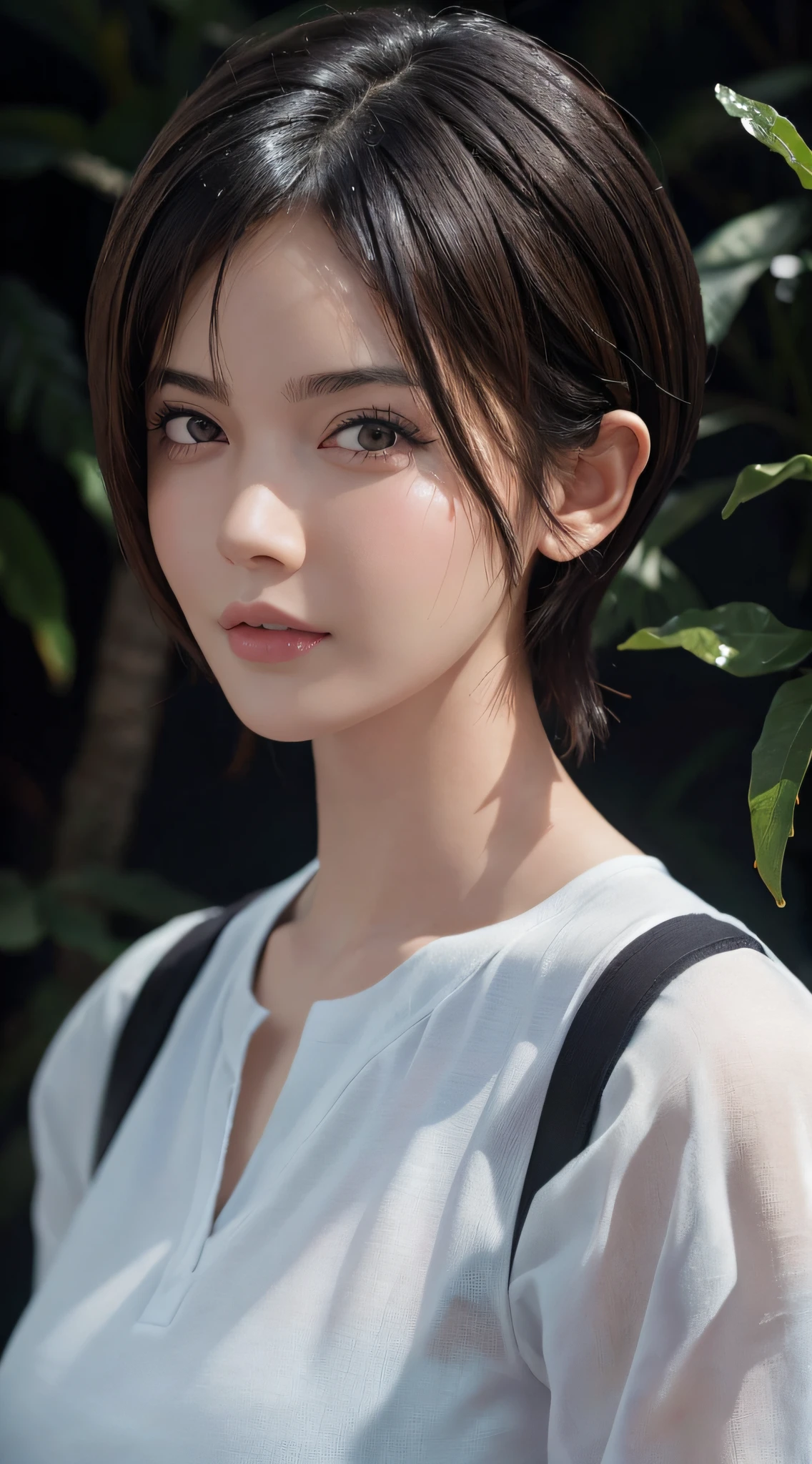 (Masterpiece: 1.3), (8k, Photorealistic, RAW Photo, Best Quality: 1.4), (1girl), Beautiful Face, (Realistic Face), (Black Hair, Short Hair: 1.3), Beautiful Hairstyle, Realistic Eyes, Beautiful Detail Eyes, (Realistic Skin), Beautiful Skin, (Wet White Clothes), Absurd, Attractive, Ultra High Definition, Ultra Realistic, High Definition, Golden Ratio