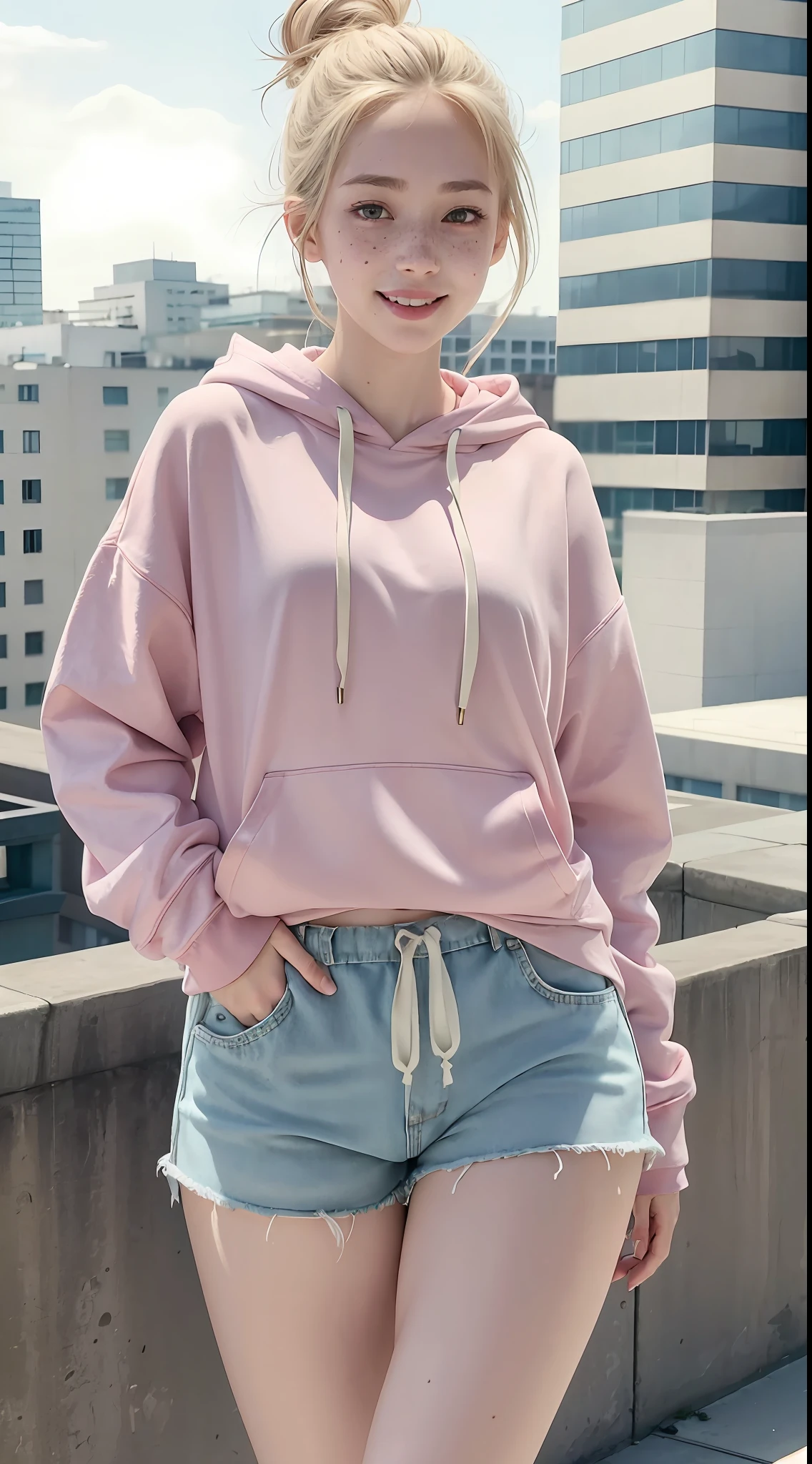 Raw photo, candid, textured skin, pastel colors, (dynamic pose, one hip up), 1girl, slender body, pale skin:1, Korean, messy bun, heterochromia, freckles, smiling, oversized hoodie, varsity shorts, thick thighs:1, (wide thigh gap:1.2), rooftop, photorealistic, best quality, 8k, masterpiece