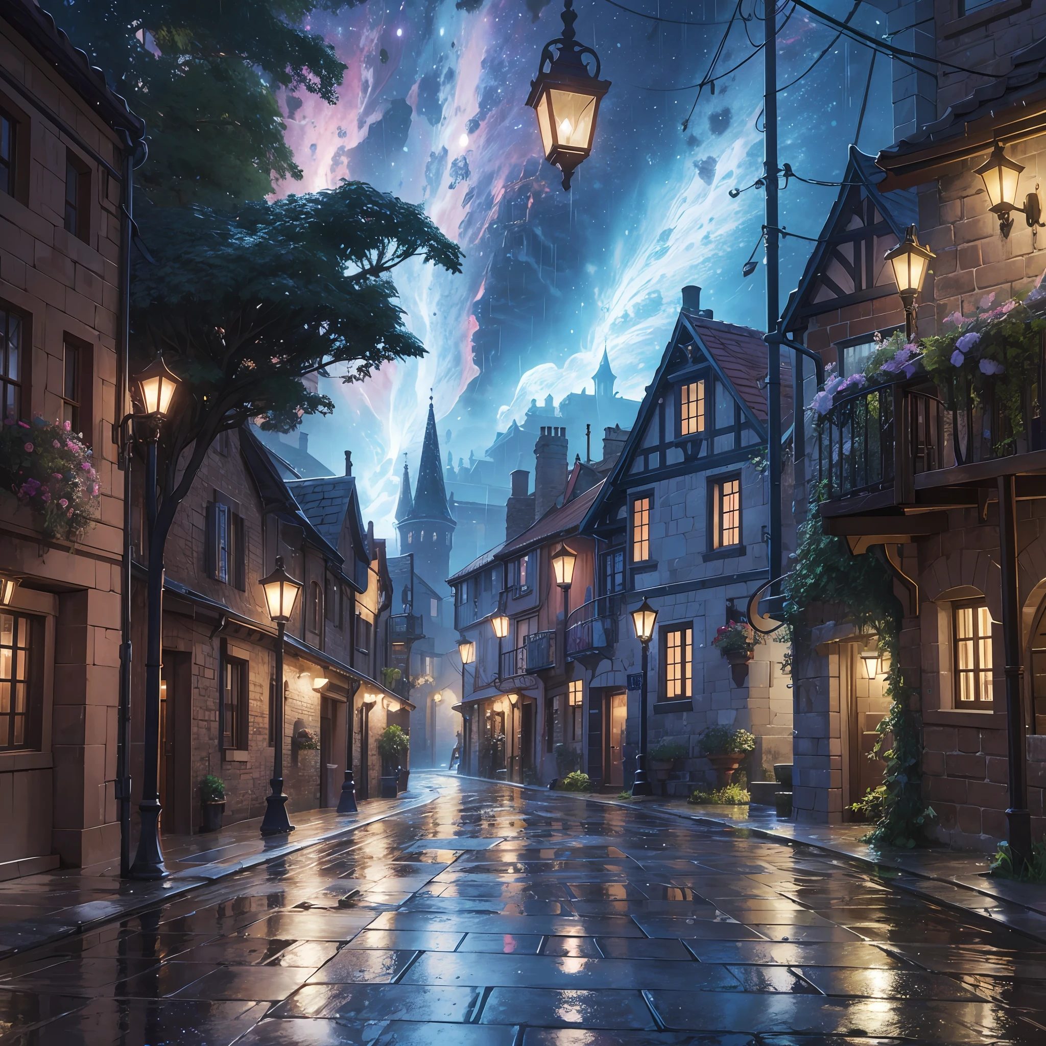 rainy cobblestone alleyway, dalaran city garden, magical storm, milkyway nebula, stefan bleekrode, breath of the wild:
