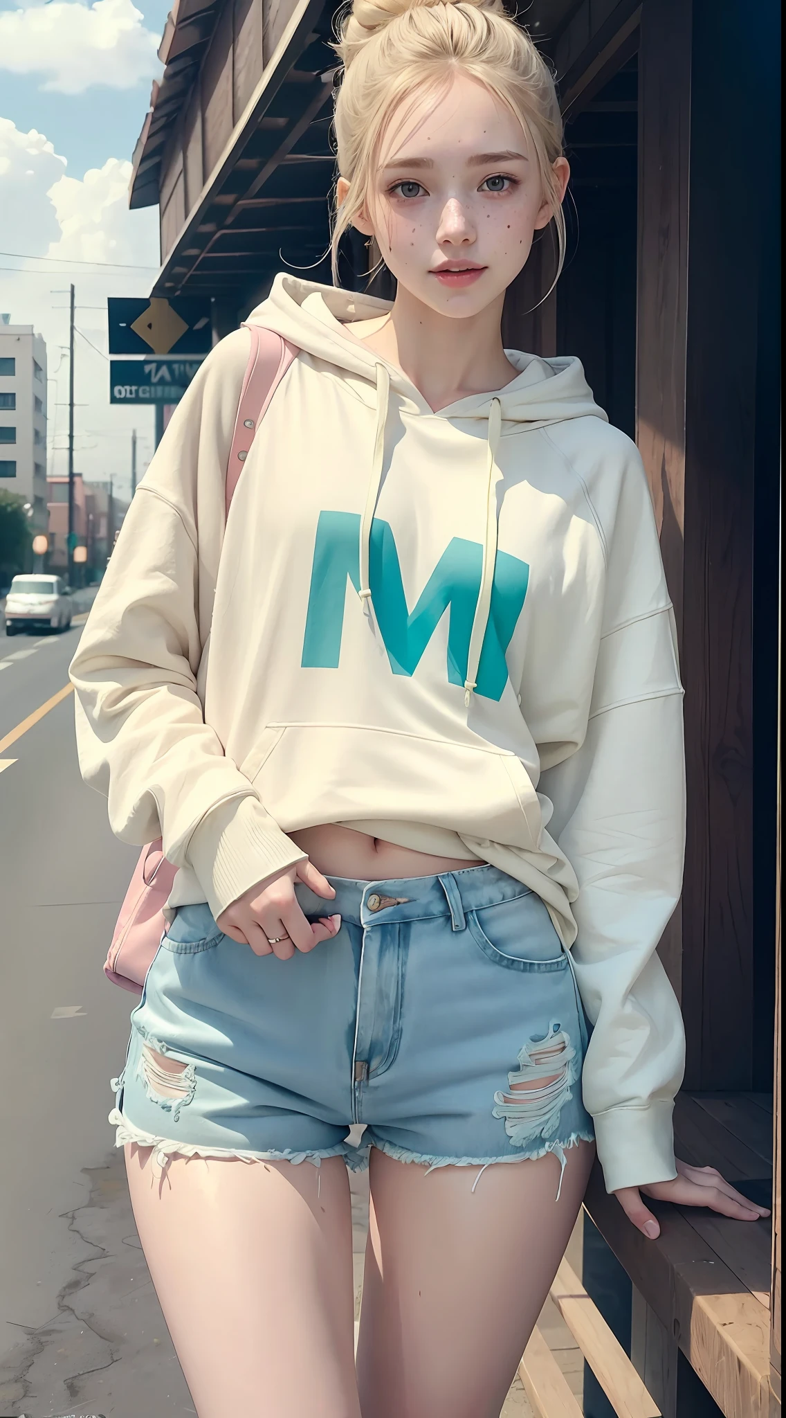 Raw photo, candid, textured skin, pastel colors, (dynamic pose, one hip up), 1girl, slender body, pale skin:1, Korean, messy bun, heterochromia, freckles, smiling, oversized hoodie, varsity shorts, thick thighs:1, (wide thigh gap:1.2), rooftop, photorealistic, best quality, 8k, masterpiece