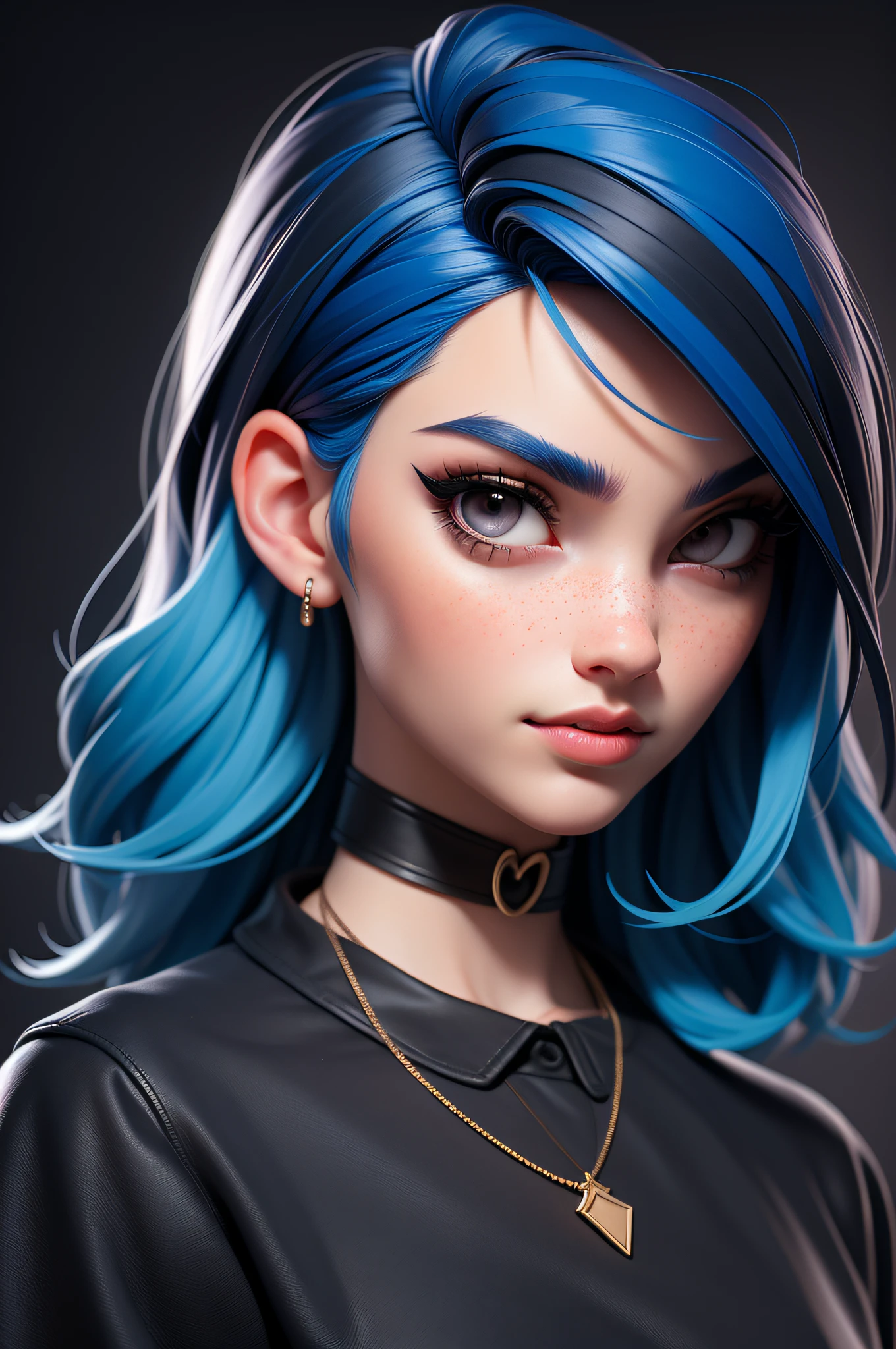 masterpiece, best quality,3d rending work ,3DMM style,close-up,portrait, 3D,1girl, solo, multicolored hair, blue hair, black hair, necklace, freckles, jewelry, two-tone hair, looking to the side, realistic, upper body, simple background, bangs, looking away, short hair, parted lips, black eyes, lips, gothic, choker, makeup, mole, black shirt, shirt, watermark