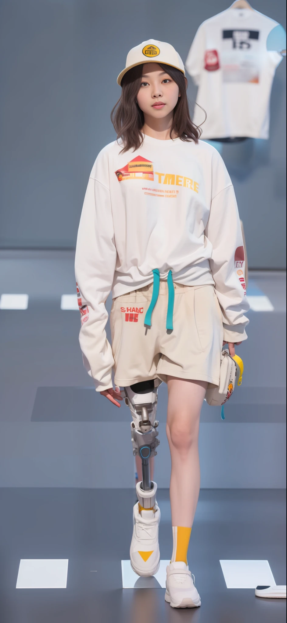 Attire, (Photo Photofidelity: 1.4), (Ultra-Realistic: 1.4), (Photorealistic: 1.3),
(smoother lighting: 1.05), (improved movie lighting quality: 0.9), 32K,
1 girl, 20 year old girl, realistic lighting, backlight, light on face, ray tracing, (brightened light: 1.2), (improved quality: 1.4),
(Best Quality True Texture Skin: 1.4), Fine Fine Eyes, Fine Fine Face, Fine Eyes,
(joy, blush), (tiredness, sleepiness and contentment), close-up of the face, t-shirt,
(Increase body line mood: 1.1), (Increase skin beauty: 1.1)
Beautiful woman with prosthetic legs and yellow shirt, leg replaced by human leg, amputated leg, young man in shorts and T-shirt, young man in shorts, wearing Japanese tech suit, prosthetics, 2 0 2 0 fashion, prosthetics, wearing cyberpunk streetwear, prosthetics, photographed in 2022, wearing urban tech suit, (mechanical right leg), (right leg mecha) (mecha right leg)