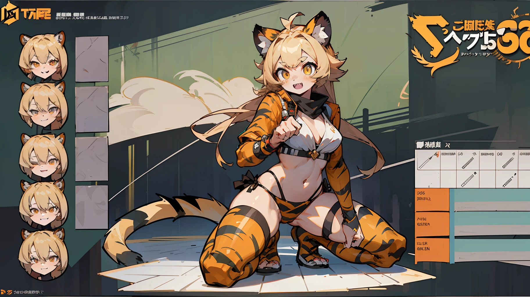 master-piece,hyper quality, hyper detailed,perfect drawing,1 beautiful girl, tiger print bikini, tiger ears, tiger tail, tiger palm, tiger paws, tiger fingers, sharp claws, sharp fangs, hunter's eyes aiming at prey, black and blonde mesh, sharp eyes, height 177cm, three sizes B95W60H90, kneeling, pow pause、(character sheet:1.4), (concept art:1.4)