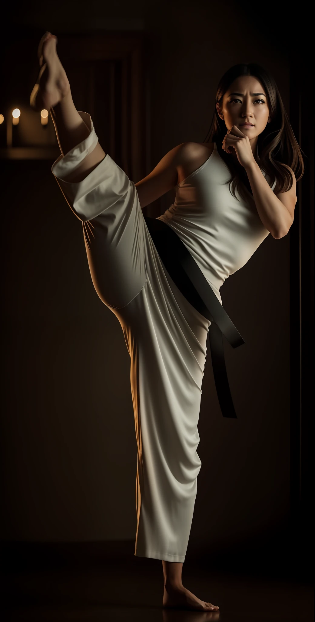 Cine still action portrait, a woman kicking, raw cinematic frame, ultra realistic, shot on Canon EOS R5, 45-70mm, F40, circular iris, circular pupils, detailed face, detailed skin