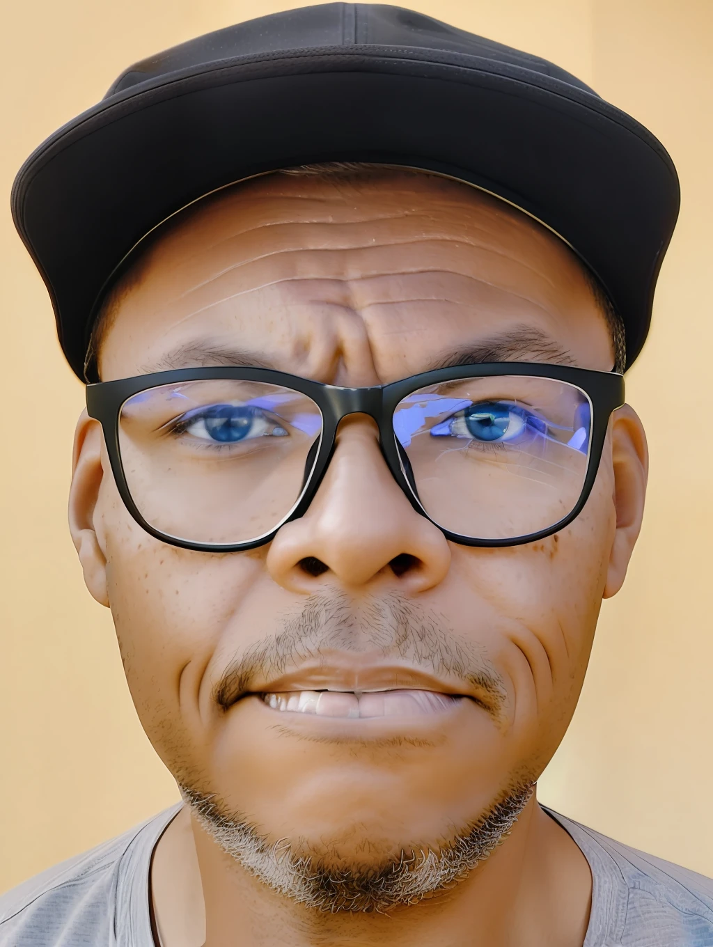 guttonerdvision5, 40-year-old man wearing glasses, black T-shirt and cap, realistic lips. The portrait of ((half body)) captures the subject with stunning detail and clarity, showing its unique features and expressions. The image has a high resolution and dynamic range, with a shallow depth of field that draws the viewer's attention to the subject's face. The (((lighting is soft))) expertly used to create a sense of dimensionality by highlighting the subject's skin tones and textures. The composition is well balanced, with the subject positioned off-center and the background providing a subtle but meaningful context. Overall, the image is a true testament to the photographer's skill and artistry