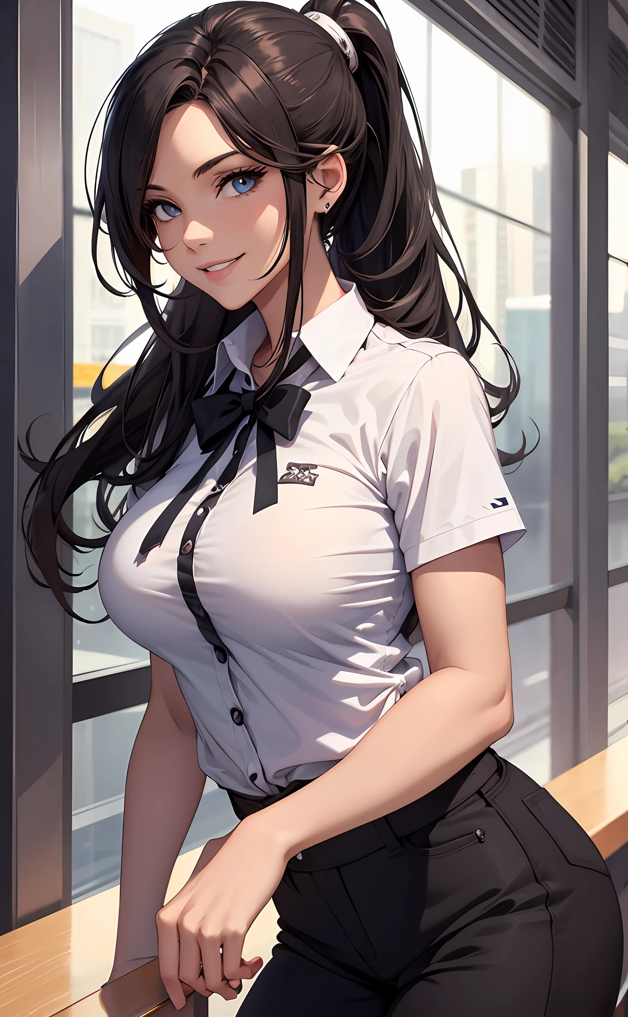 Best quality, masterpiece, realistic, 1girl, solo, mature, tall, beautiful, kind, sweet smile, cool, edgy, college uniform, long ponytail, beautiful eyes, big boobs, muscualar biceps