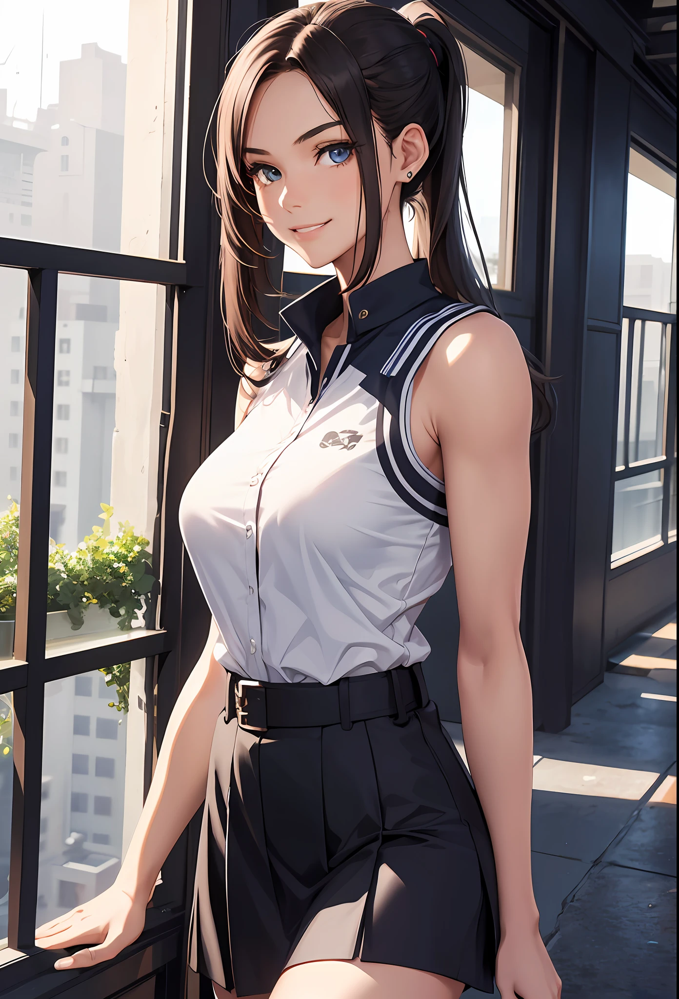 Best quality, masterpiece, realistic, 1girl, solo, mature, tall, beautiful, kind, sweet smile, cool, edgy, college uniform, long ponytail, beautiful eyes, muscualar biceps