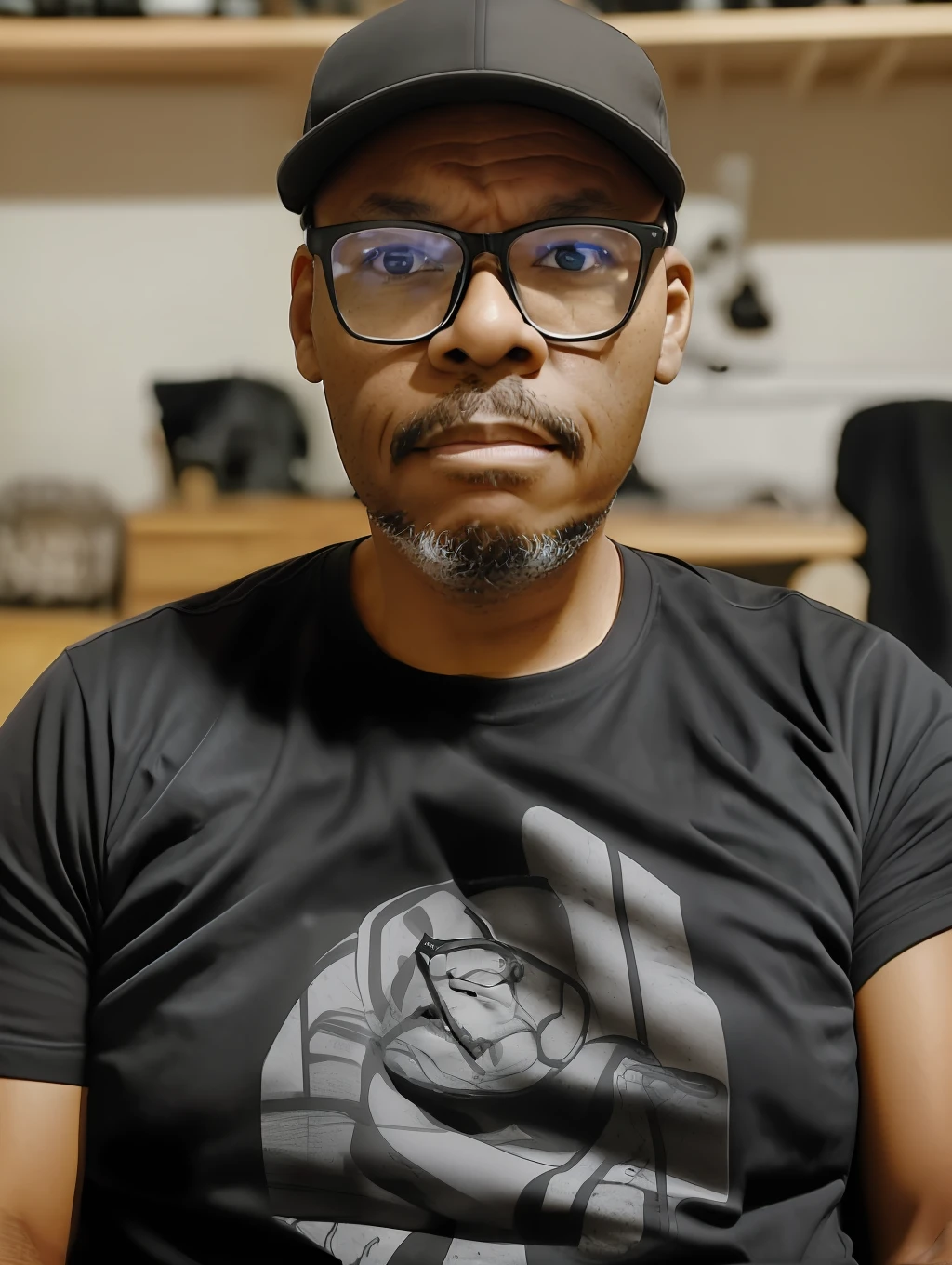 guttonerdvision5, 40-year-old man wearing glasses, black T-shirt and cap, realistic lips. The portrait of ((half body)) captures the subject with stunning detail and clarity, showing its unique features and expressions. The image has a high resolution and dynamic range, with a shallow depth of field that draws the viewer's attention to the subject's face. The (((lighting is soft))) expertly used to create a sense of dimensionality by highlighting the subject's skin tones and textures. The composition is well balanced, with the subject positioned off-center and the background providing a subtle but meaningful context. Overall, the image is a true testament to the photographer's skill and artistry