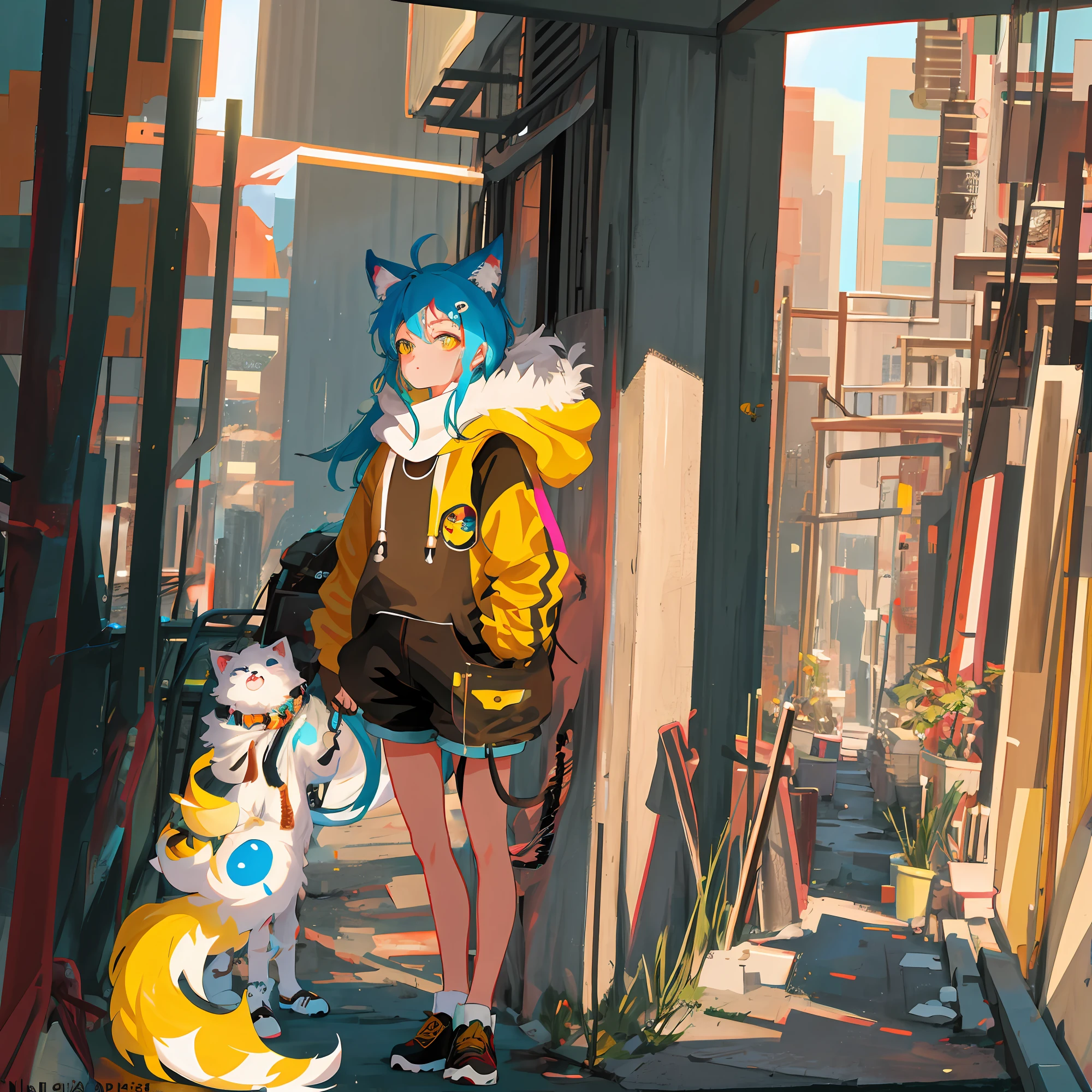 masterpiece, best quality,high quality, absurd res, 8K,digital painting \(artwork\), by dagasi, yupa,kiyosan,fluffy fur,cyan fur, full body fur:1.2,one furry boy, kemono shota，character focus,panorama,yellow eyes，bright pupils，furry tail，hoodie，scarf，shorts，standing on skybridge，leaning over the railing，detailed environment，cyberpunk background，night