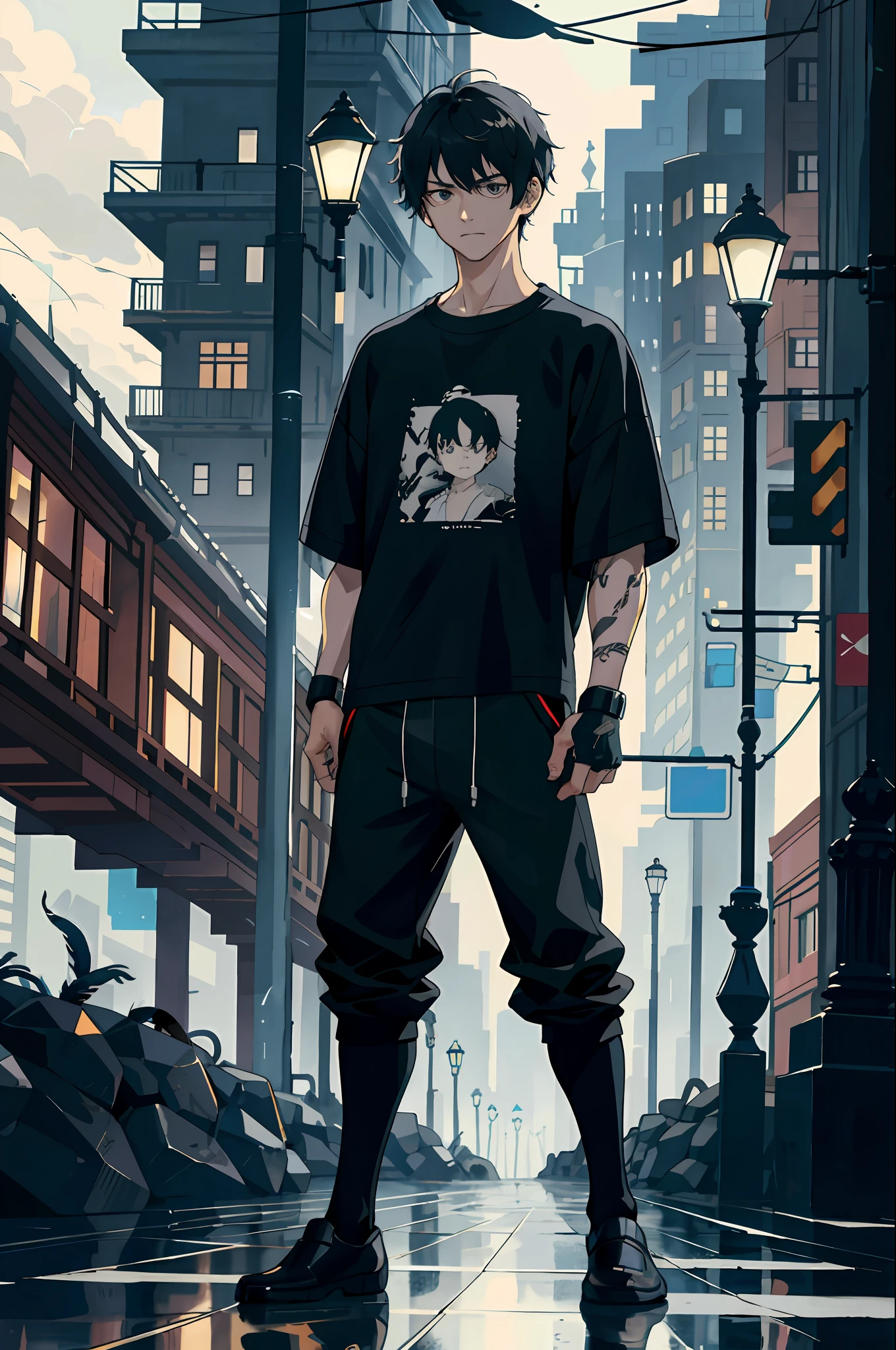 Under the street lamp, a boy, leaning on the lamp pole, smoking, short black hair wet by rain, night, rain in the sky, decadent, transforming people, robotic arm, whole body, boy, black short hair, handsome face, serious, mechanical arm, rainy night, rainy, rainy, side face, sideways, smoking, T-shirt, sweatshirt, iron arm guards on both sides, two-dimensional, 4K, full body, mecha, iron arm, arm
There is a dark broken hair on the head, it seems that the usual owner does not take care of it very carefully, the feathers on the two sides of the head are as black as ink as if they are like a turban, and above the bridge of the high nose is a pair of blackened eye circles, as if the whole person seems to have not rested well, but the eyes are very determined, as if nothing can completely defeat him. He wore a black sweatshirt, but with some modifications at the arms, and iron gaunts on both arms