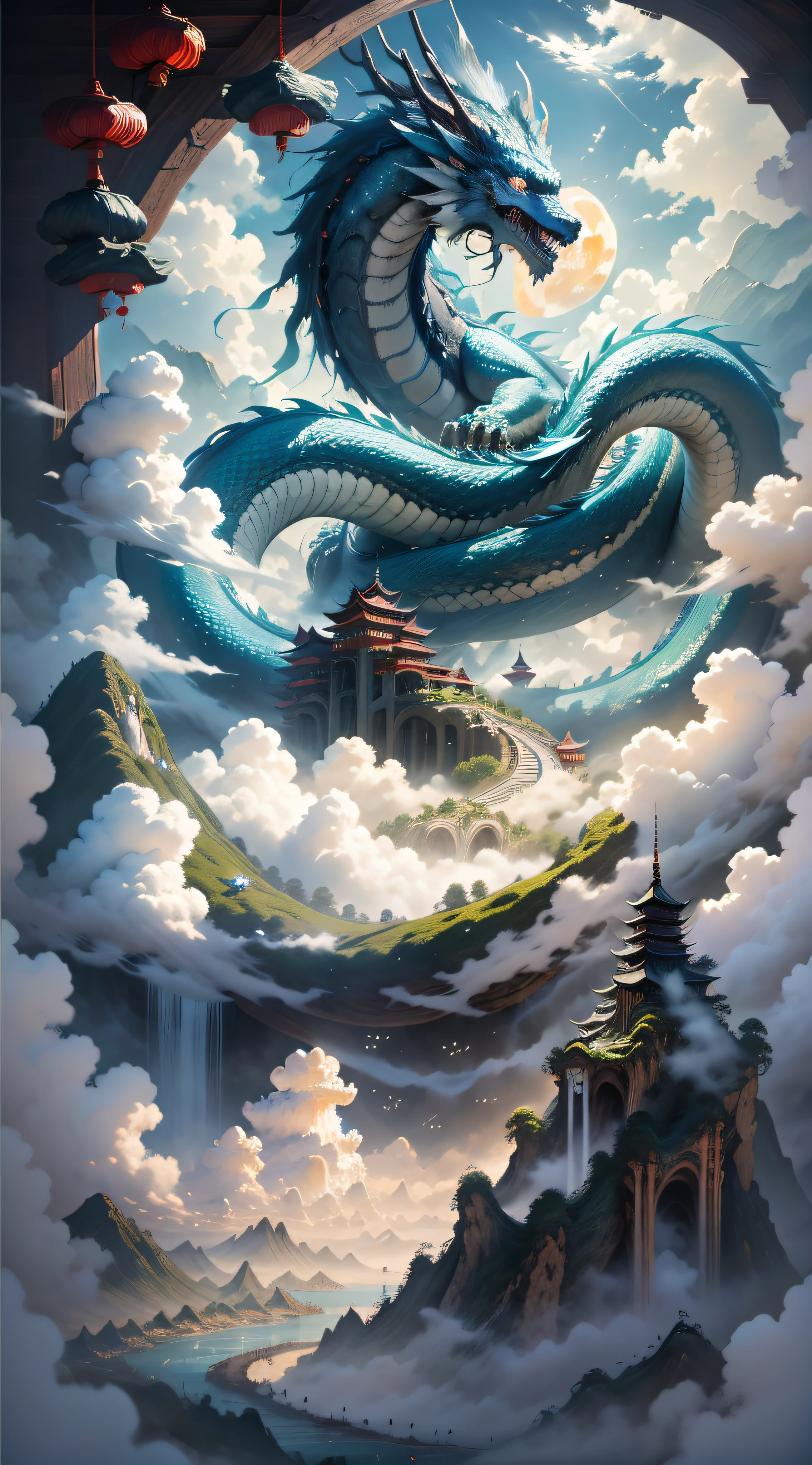 A huge dragon like a mountain devours the sun and the moon, its figure appears in the clouds, the black water is surging, (the waves rush to the sky), the fairy mountain island, (the pavilion is in the clouds in mid-air), ((clouds and mist)), roaring, fierce, ((Chinese mythology)), high quality, ultra-fine, detailed, accurate, (masterpiece), master work, (16k resolution), movie lighting, dynamic perspective
117/2000