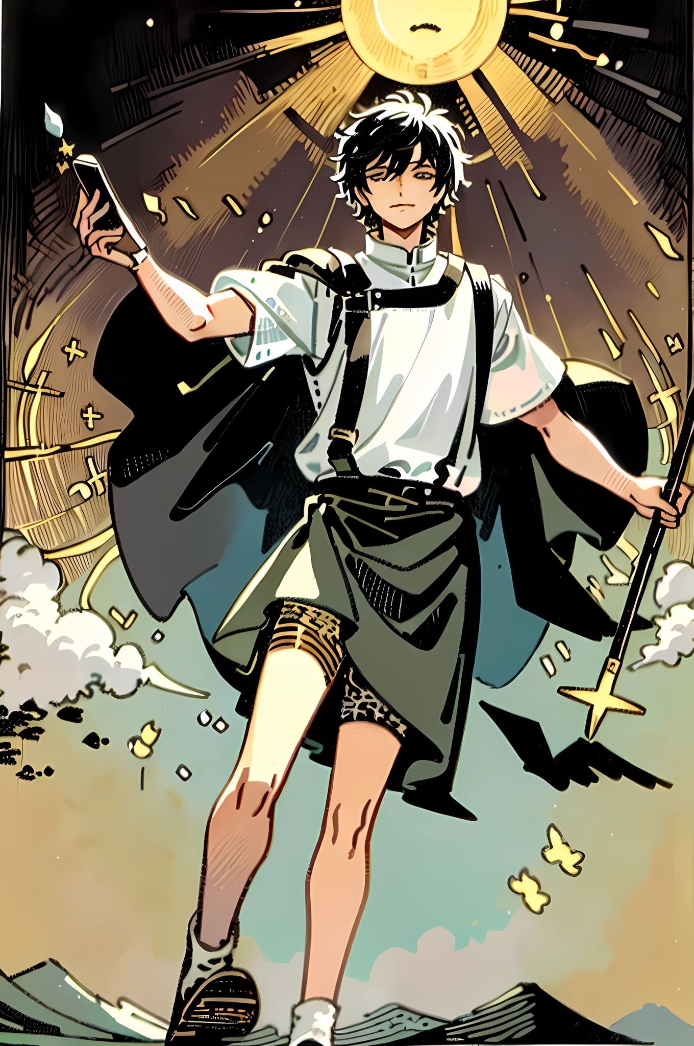 masterpiece, best quality, full body, tarot card, 1 man, the sun, happiness, happy, freedom, short hair, black hair, muscle, brush cut, the king, white shirt, standing