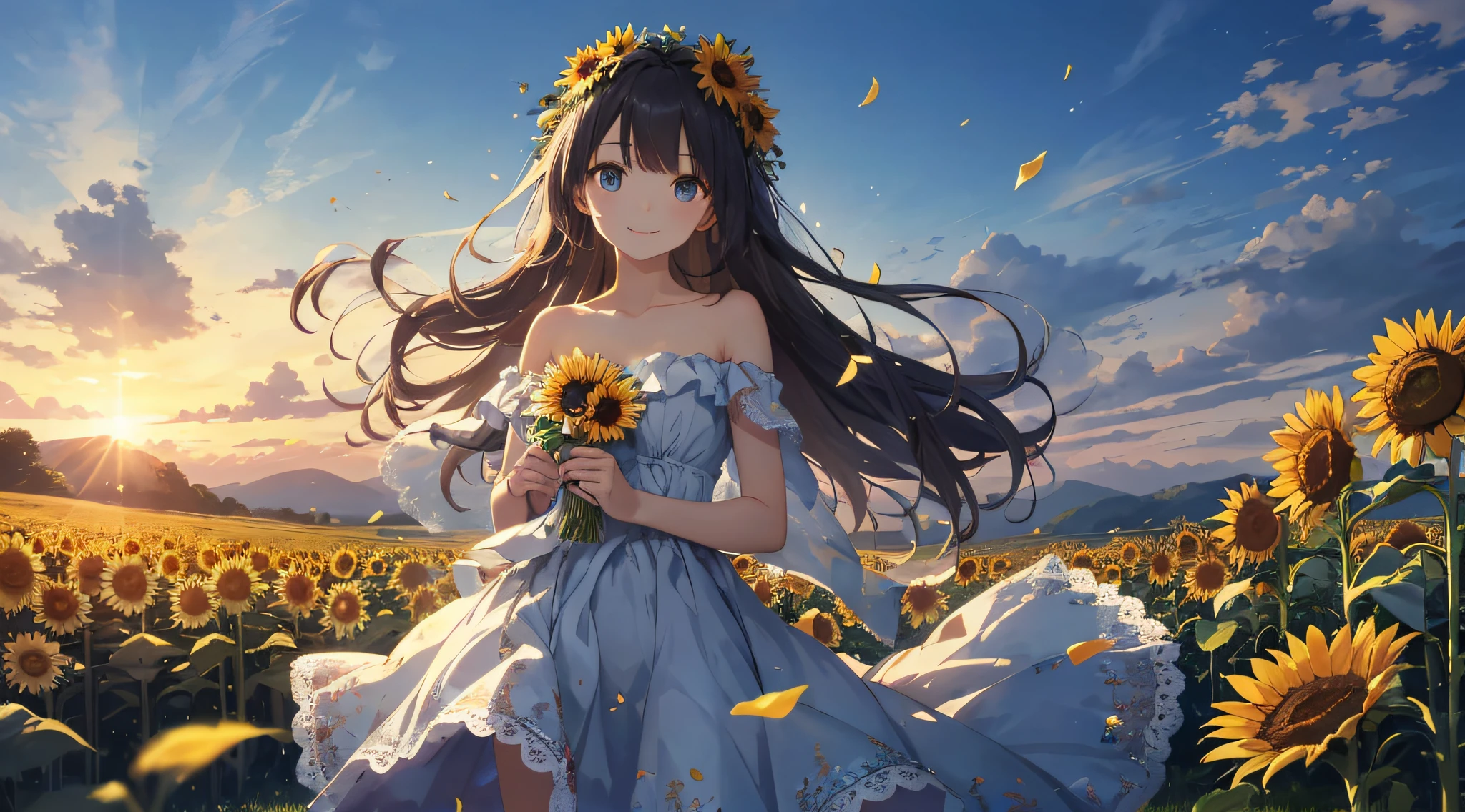 (Best Quality: 1.5), (Super Detail: 1.5), (Best Quality Photo: 1.5), Summer Sky, Sunflower Field as far as the eye can see, Scenic, Beautiful landscape, Light particles, Very delicate and beautiful, Very detailed, Bioluminescence, Cinematic light, Mysterious, Cinematic angle, 8K resolution, Elegant, Perfect, Smooth, Beautiful Girl, Very Cute, Smile, (Delicate and Beautiful Eyes: 1.2), (Girl: 1.5),Lace, Ribbon, Strapless, Hundred Flowers Disturbance, Refreshing Wind, Fluttering Petals,