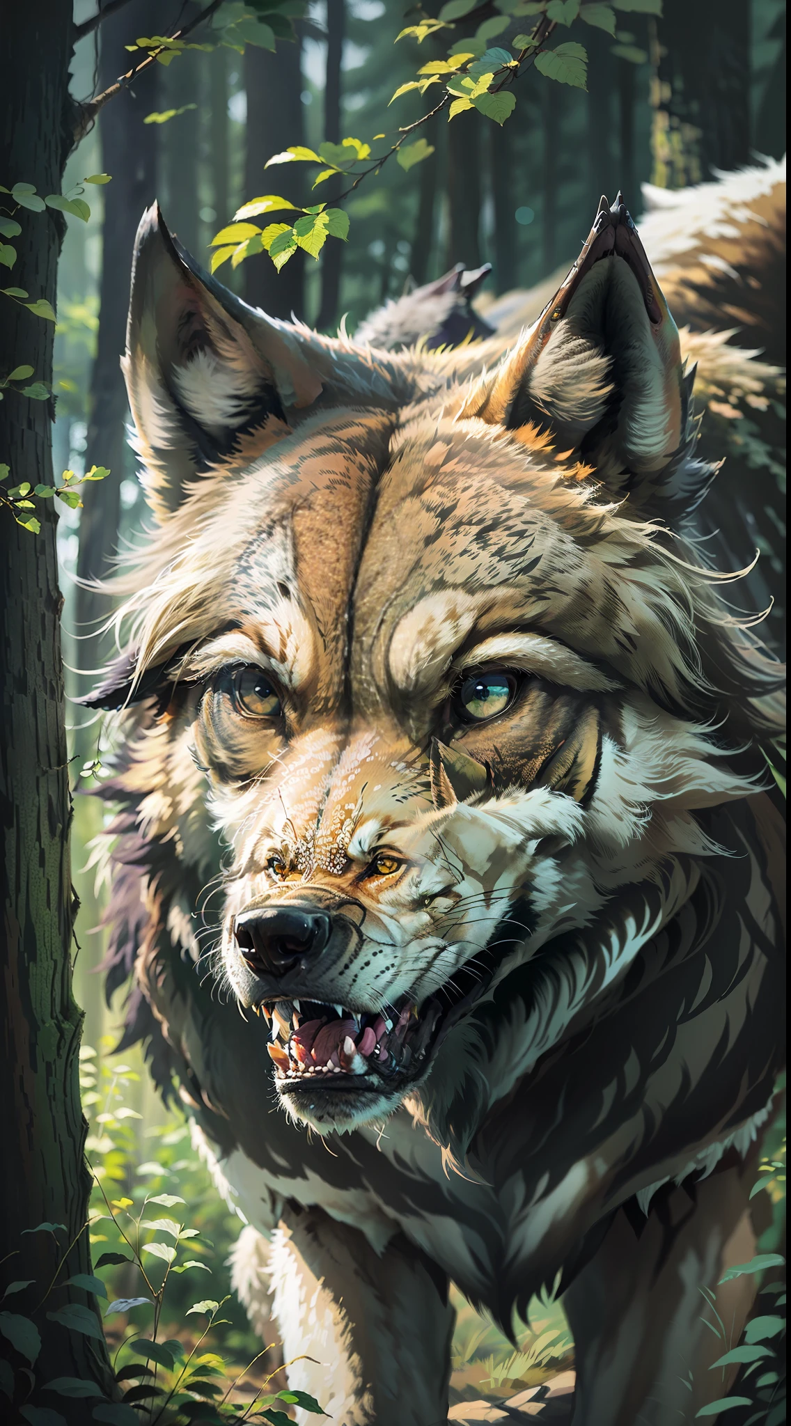 Pack of wild wolves, hunting, light, dangerous forest. (photorealistic) great leader