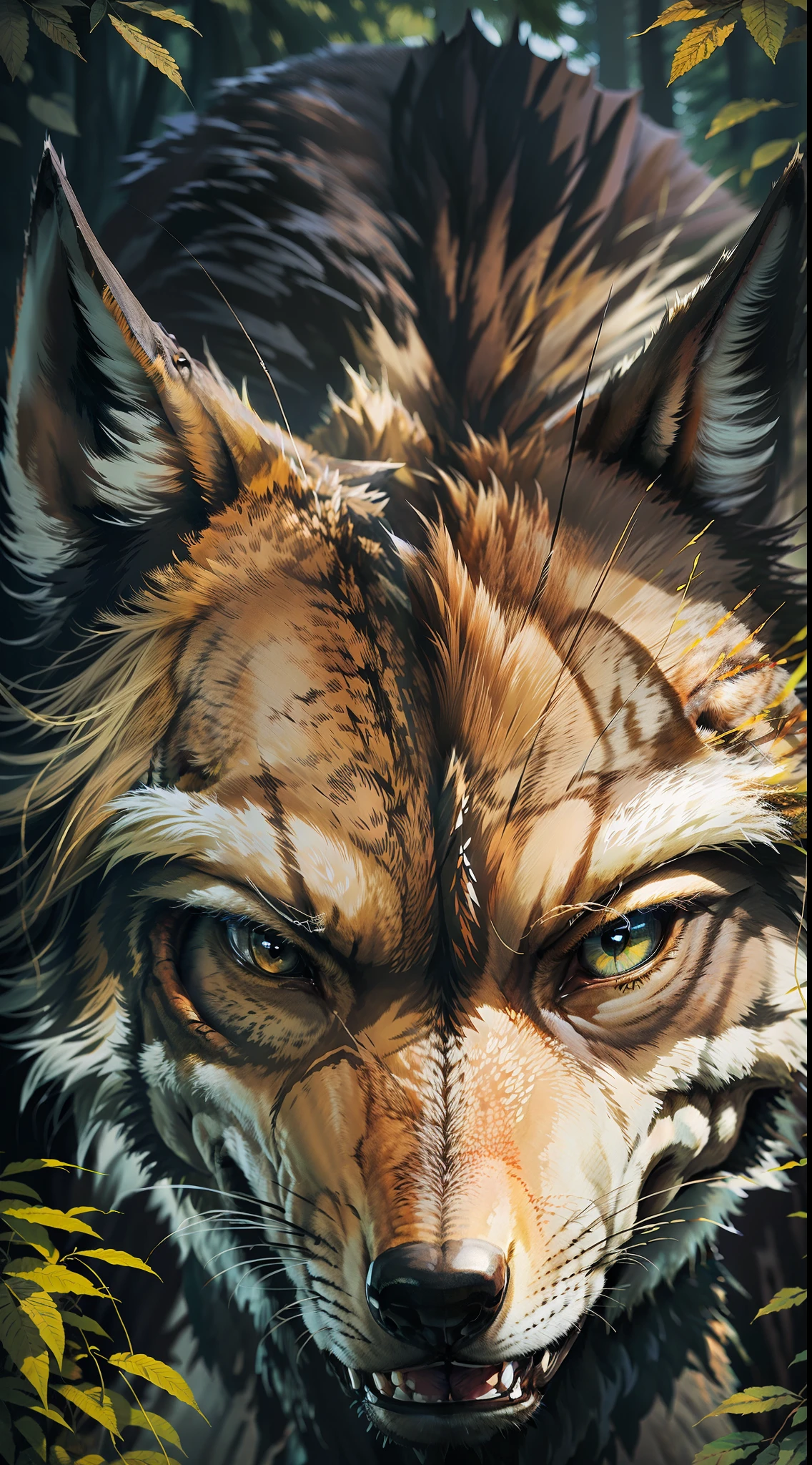 Pack of wild wolves, hunting, light, dangerous forest. (photorealistic) great leader