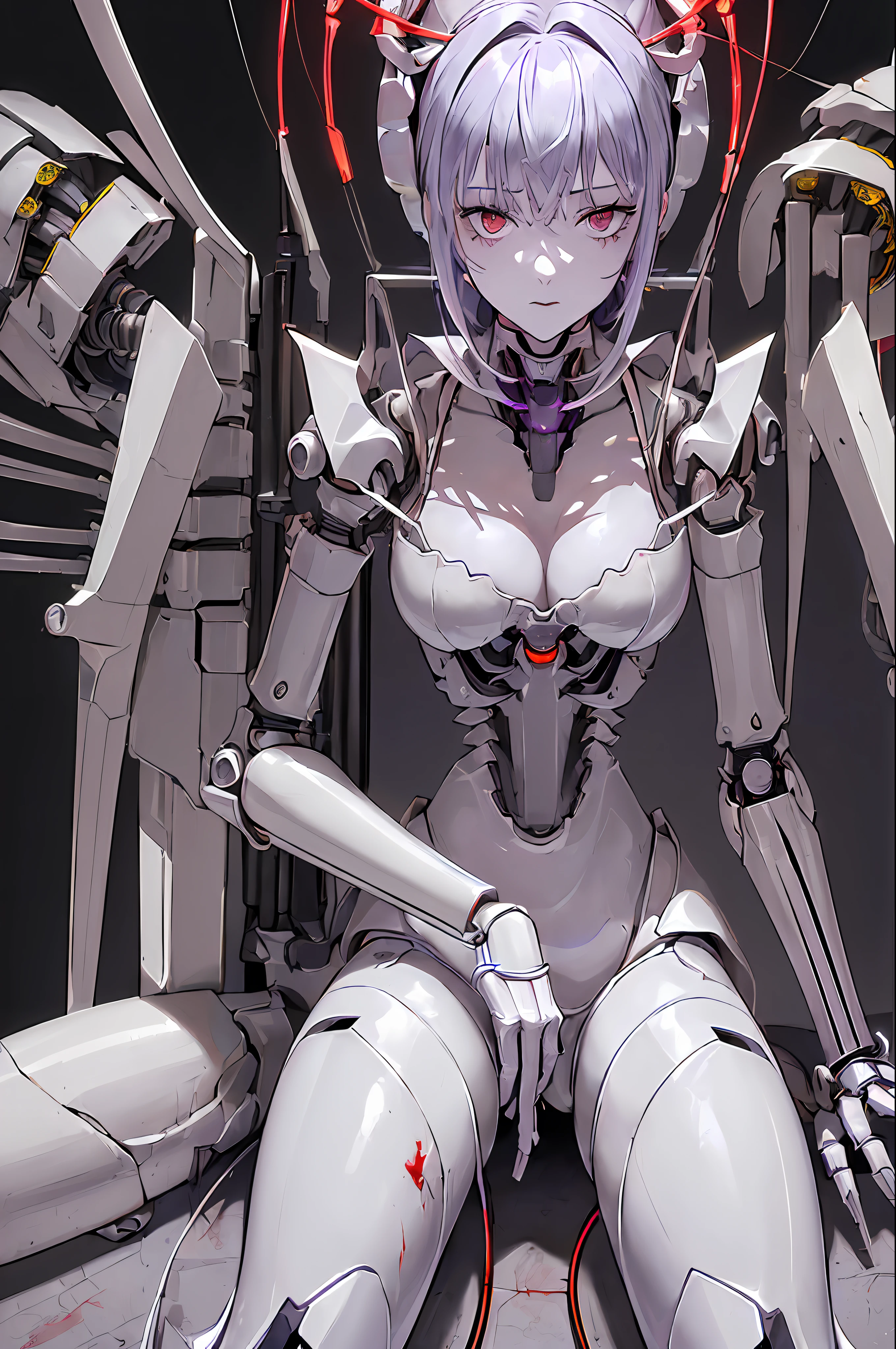 (((Masterpiece)))), (((highest quality)))), ((Ultra Definition)), (Very Detailed Photoreality), (((Very Delicate and Beautiful)), (Delicate and Pretty Face), Cinematic Light, (((1 girl parasitized by a machine)), Solo, Full body, Big, Cleavage is visible skin, White hair, purple eyes, glowing eyes, thighs skin exposed, (Machine joints: 1.4), (Mechanical limbs)), ( blood vessels connected to tubes), (((mechanical vertebrae attached to the back)), ((cervical vertebrae of the machine) attached to the neck)), ((sitting)), expressionless, (wires and cables attached to the head and body: 1.5), (character focus), body has a small LED lamp, Evangelion, Rei Ayanami, sci-fi, metal, metallic body, detailed neon, hydraulic cylinder