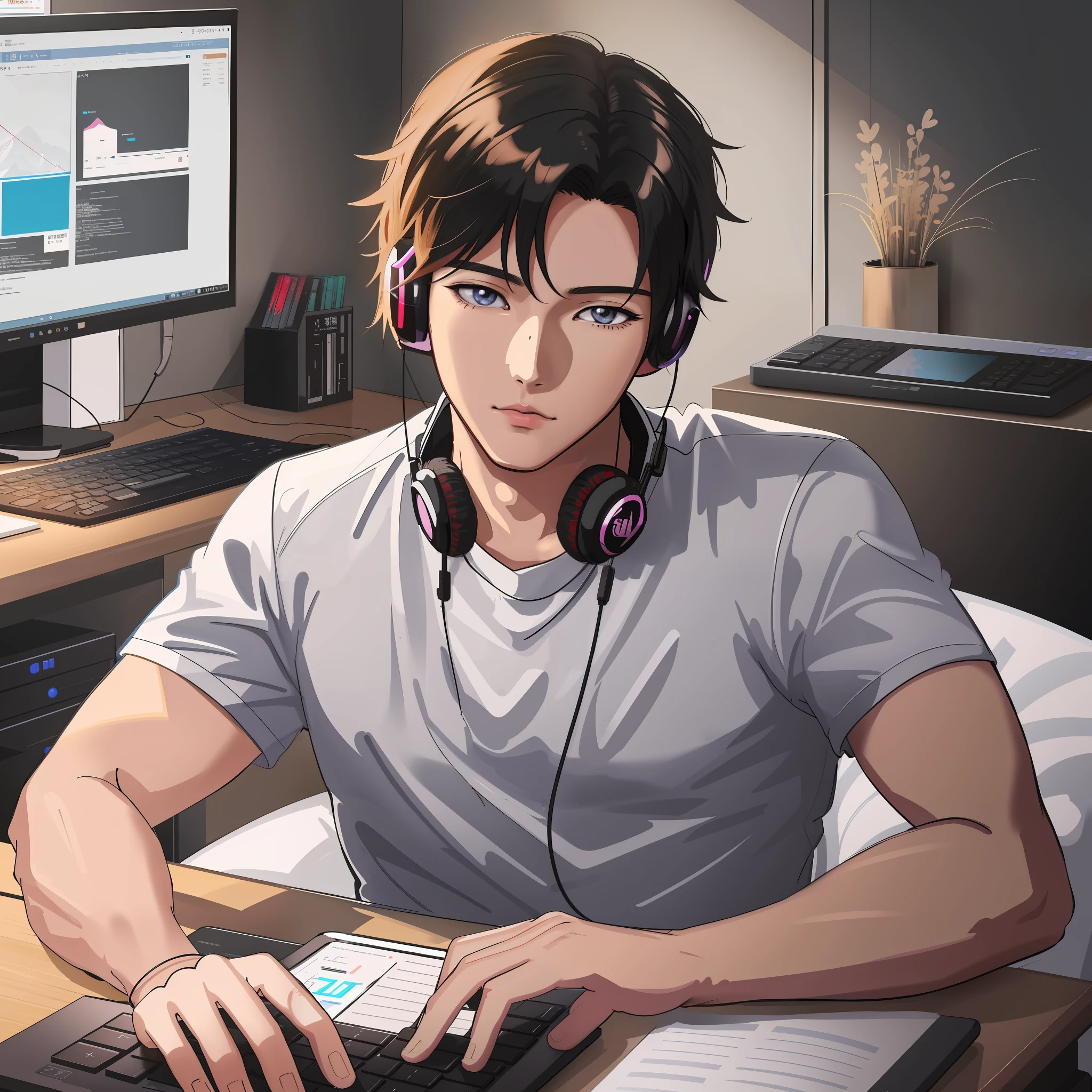 there is a man sitting at a desk with a laptop and headphones, digital anime illustration, smooth anime cg art, artwork in the style of guweiz, realistic artstyle, digital anime art, high quality anime artstyle, realistic anime artstyle, high quality fanart, detailed digital anime art, anime style 4 k, ig studios anime style, young anime man