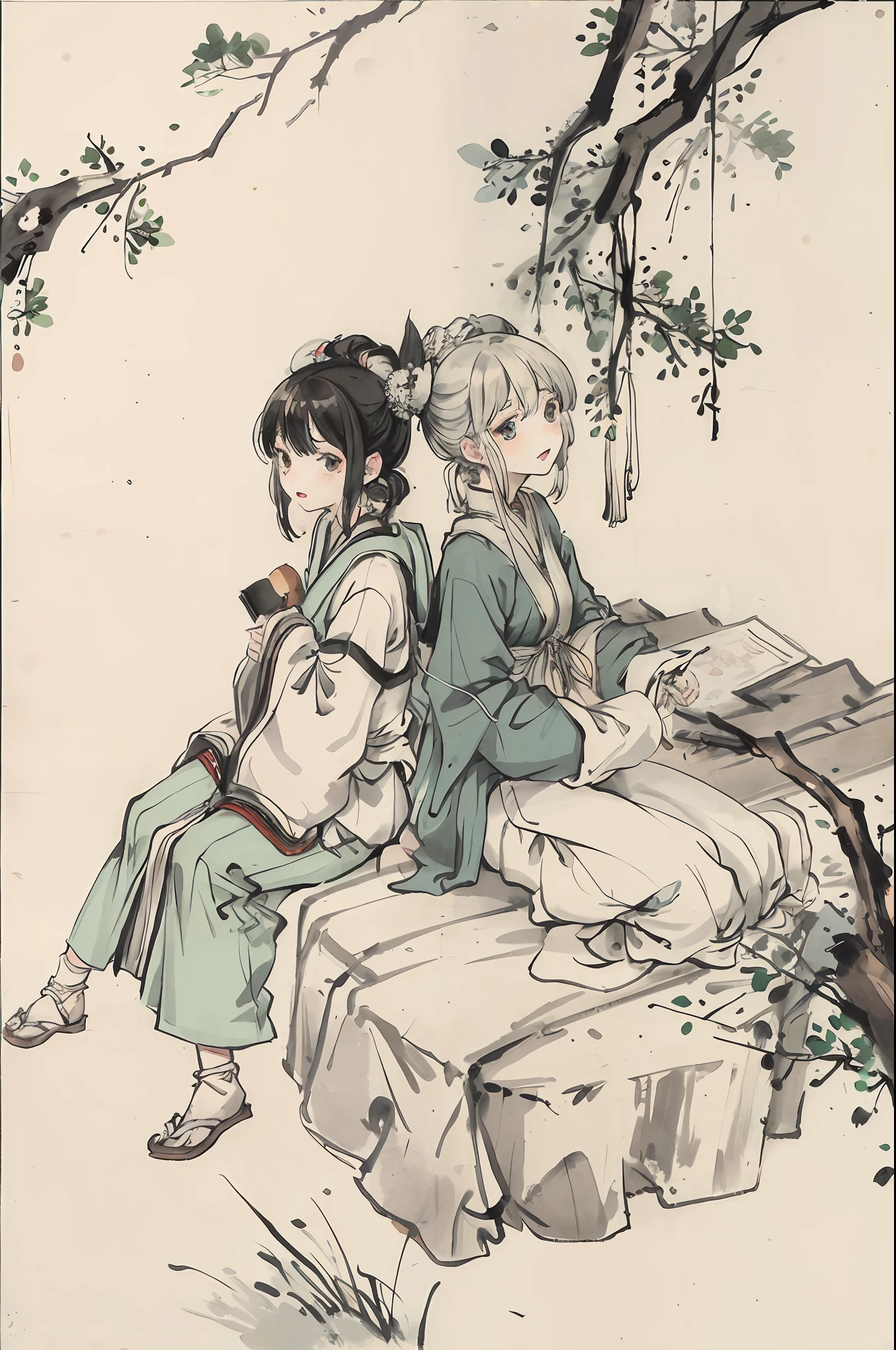 (Masterpiece, best quality: 1.2), traditional Chinese ink painting, green mountains, simple composition, (two people), sitting