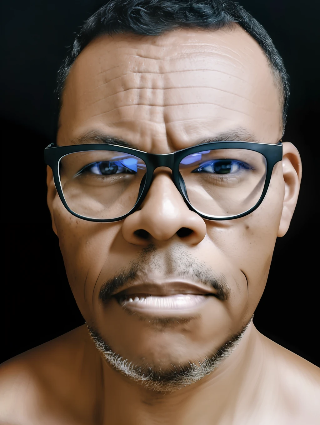 guttonerdvision5, 40-year-old man, wearing glasses (no reflection), black T-shirt and cap, realistic lips. The portrait of ((half body)) captures the subject with stunning detail and clarity, showing its unique features and expressions. The image has a high resolution and dynamic range, with a shallow depth of field that draws the viewer's attention to the subject's face. The (((lighting is soft))) expertly used to create a sense of dimensionality by highlighting the subject's skin tones and textures. The composition is well balanced, with the subject positioned off-center and the background providing a subtle but meaningful context. Overall, the image is a true testament to the photographer's skill and artistry