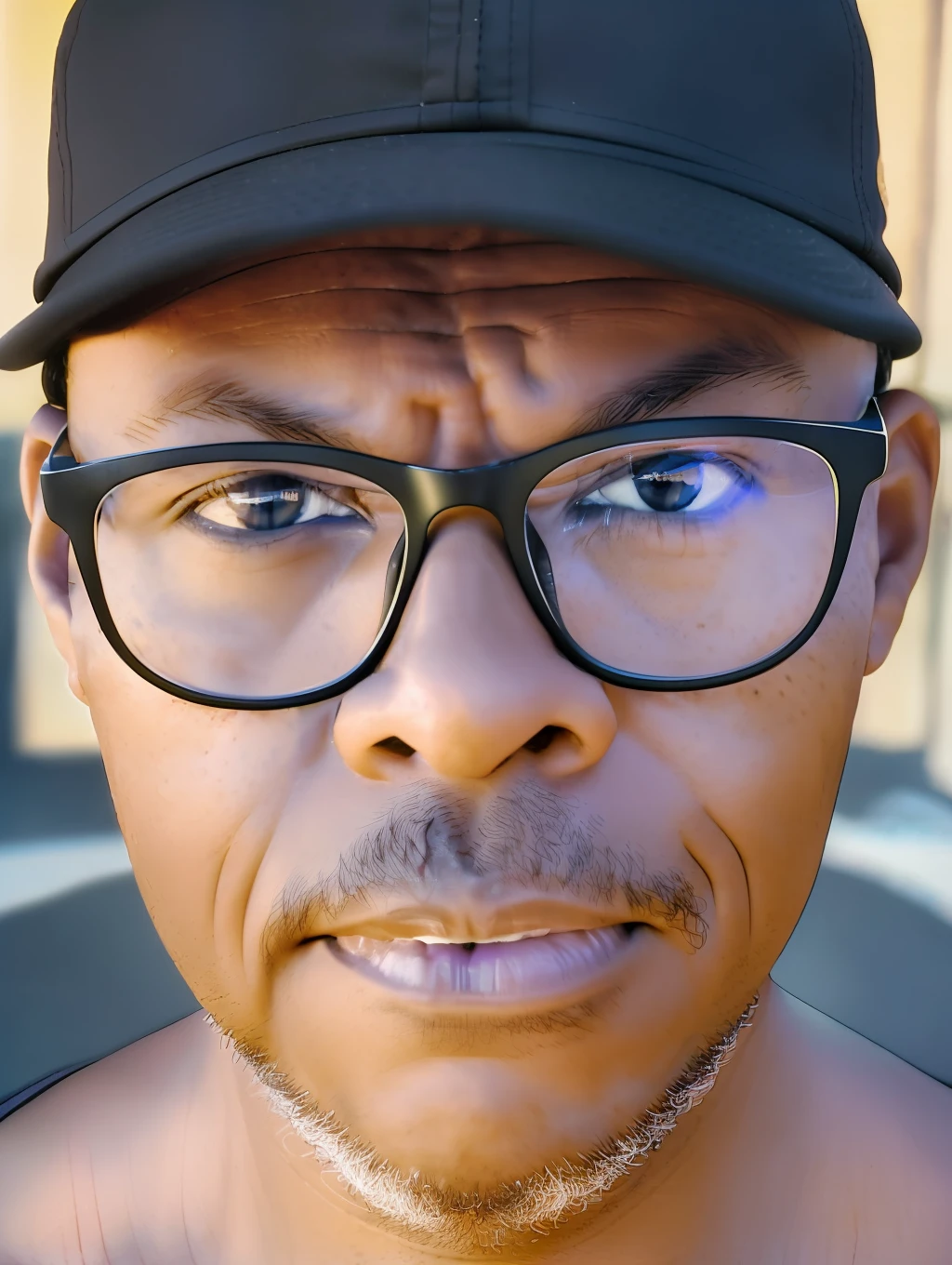 guttonerdvision5, 40-year-old man, wearing glasses (no reflection), black T-shirt and cap, realistic lips. The portrait of ((half body)) captures the subject with stunning detail and clarity, showing its unique features and expressions. The image has a high resolution and dynamic range, with a shallow depth of field that draws the viewer's attention to the subject's face. The (((lighting is soft))) expertly used to create a sense of dimensionality by highlighting the subject's skin tones and textures. The composition is well balanced, with the subject positioned off-center and the background providing a subtle but meaningful context. Overall, the image is a true testament to the photographer's skill and artistry