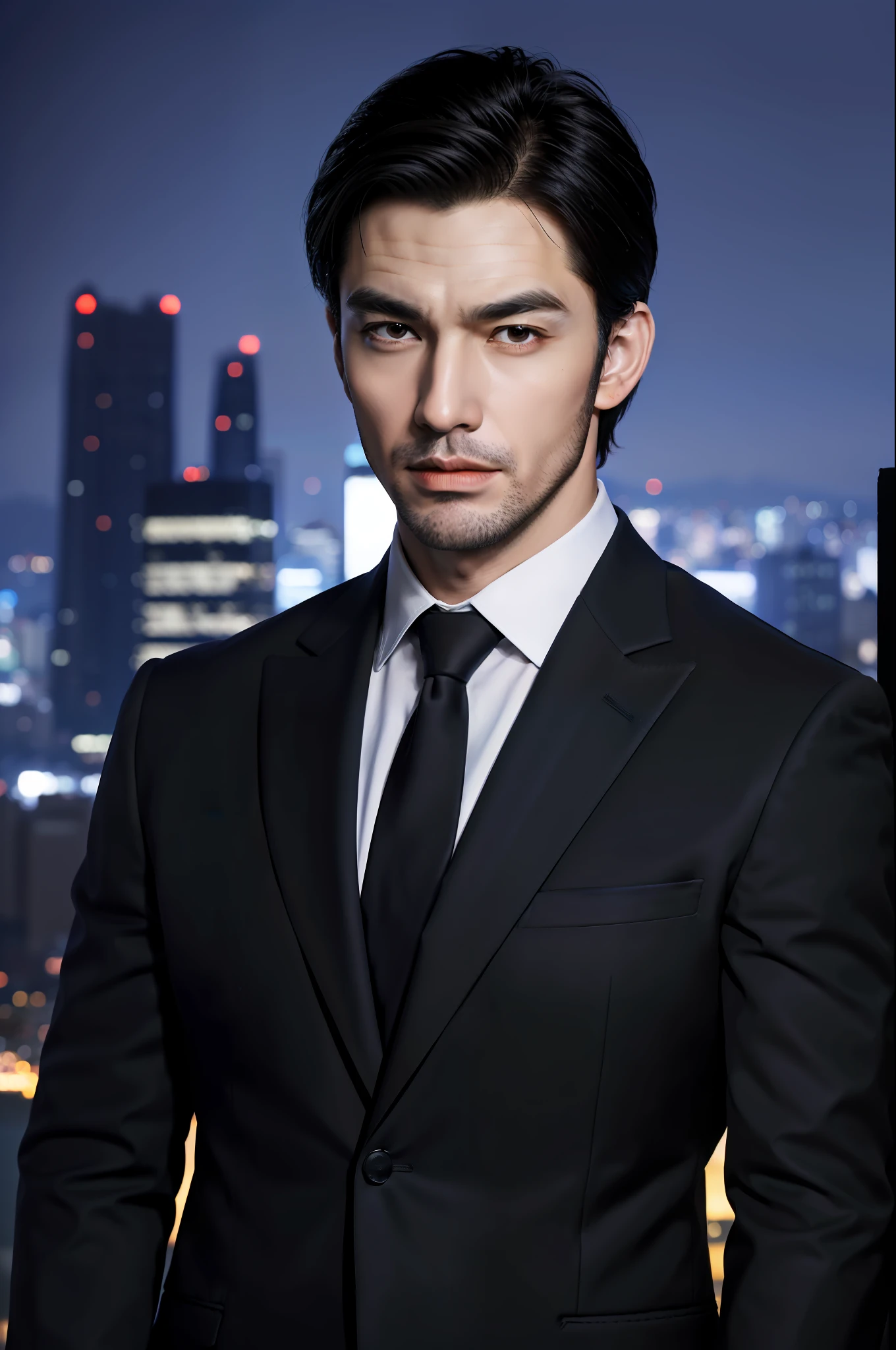 (absurdres, highres, ultra detailed, realistic, ), 1 male, solo, adult, mature, tall muscular guy, broad shoulders, handsome, very short hair, black hair, brown eyes, angular jaw, thick neck, thick eyebrows, night, dark, the night view of the city background, formal suit, necktie, upper body