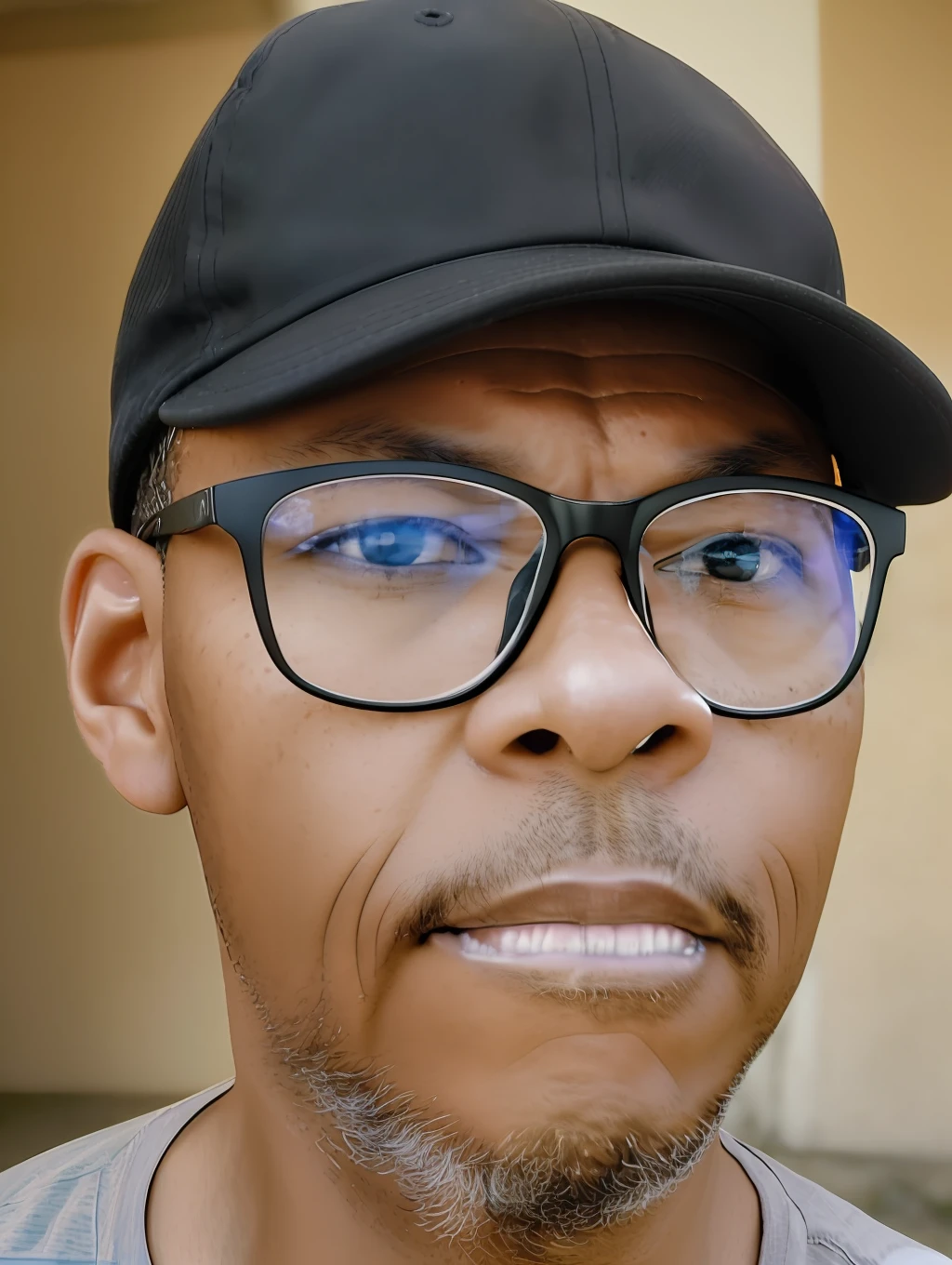 guttonerdvision5, 40-year-old man, wearing glasses (no reflection), black T-shirt and cap, realistic lips. The portrait of ((half body)) captures the subject with stunning detail and clarity, showing its unique features and expressions. The image has a high resolution and dynamic range, with a shallow depth of field that draws the viewer's attention to the subject's face. The (((lighting is soft))) expertly used to create a sense of dimensionality by highlighting the subject's skin tones and textures. The composition is well balanced, with the subject positioned off-center and the background providing a subtle but meaningful context. Overall, the image is a true testament to the photographer's skill and artistry