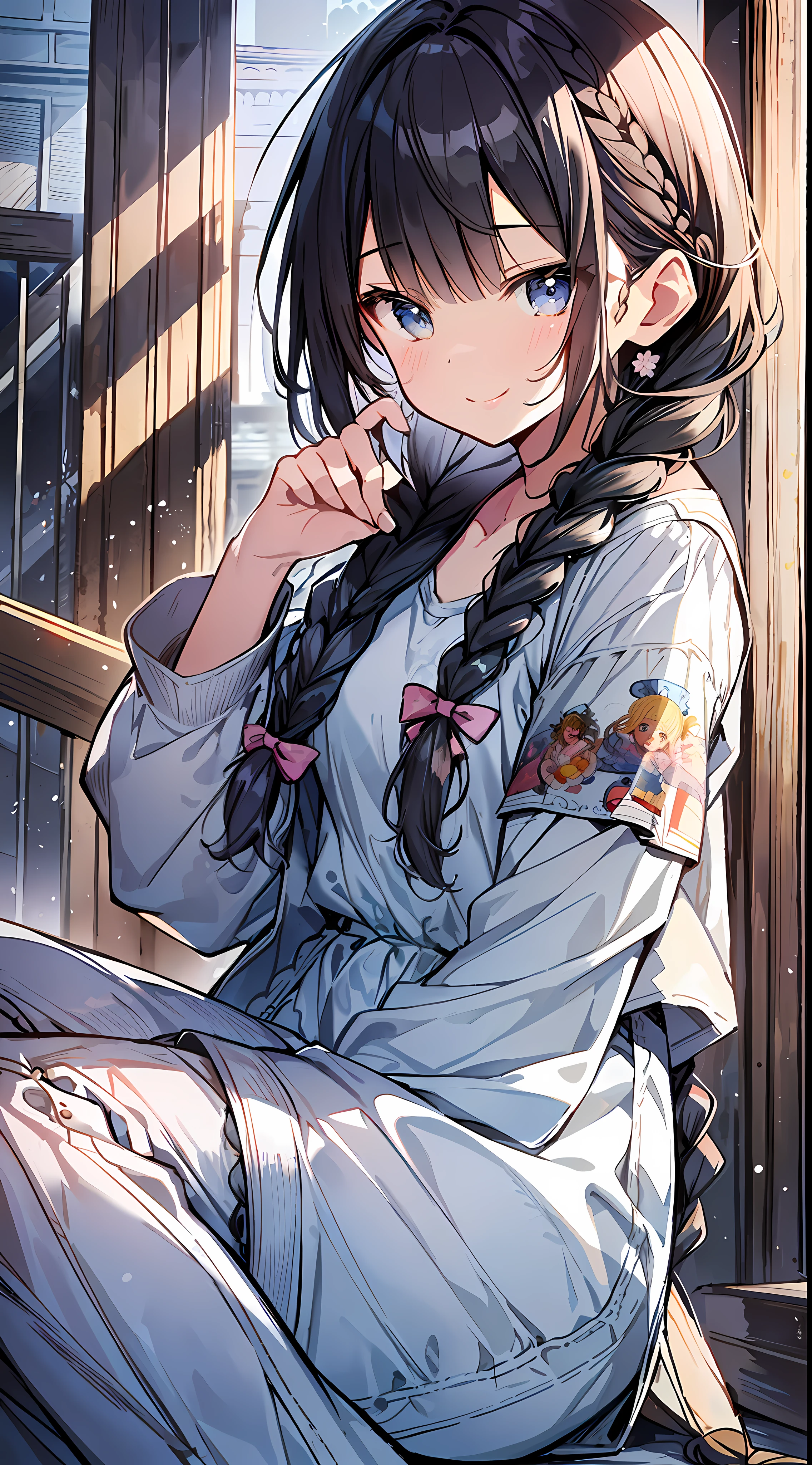 (Incredibly Absurdres Absolutely Resolution: 1.5), Top Quality, Masterpiece, Ultra High Definition, 8k, Sun, Midsummer, (Oversized Denim Jacket, Printed T-Shirt, Pants), Shojo Manga Style, , Soft Line Art, Digital Enhancement, Shojo Manga Touch, Shojo Manga Core, ((Hair length to shoulder)) ), ((((short braid)))), soft drawing, beautiful black hair, clear eyes, ((gentle smile)), ultra-detailed digital anime art, clear face depiction, ultra-detailed shojo manga character art, clear facial features, manga style, top quality colors, foot-up angle, entangle, beautiful and aesthetic: 1.3, high quality:1.3