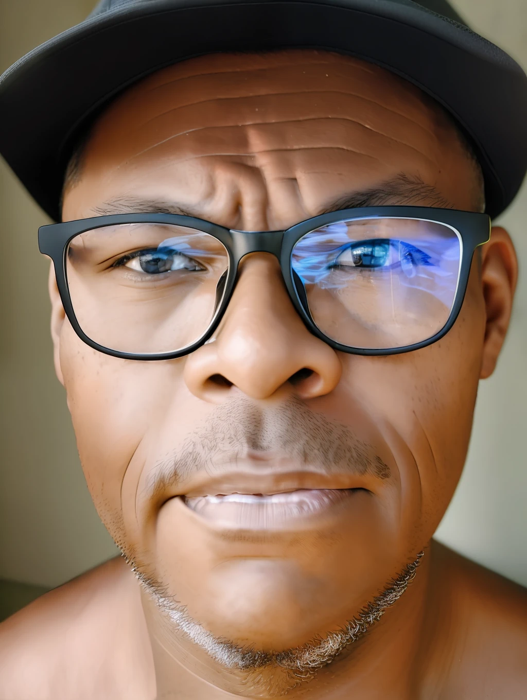 guttonerdvision5, 40-year-old man, wearing glasses (no reflection), black T-shirt and cap, realistic lips. The portrait of ((half body)) captures the subject with stunning detail and clarity, showing its unique features and expressions. The image has a high resolution and dynamic range, with a shallow depth of field that draws the viewer's attention to the subject's face. The (((lighting is soft))) expertly used to create a sense of dimensionality by highlighting the subject's skin tones and textures. The composition is well balanced, with the subject positioned off-center and the background providing a subtle but meaningful context. Overall, the image is a true testament to the photographer's skill and artistry