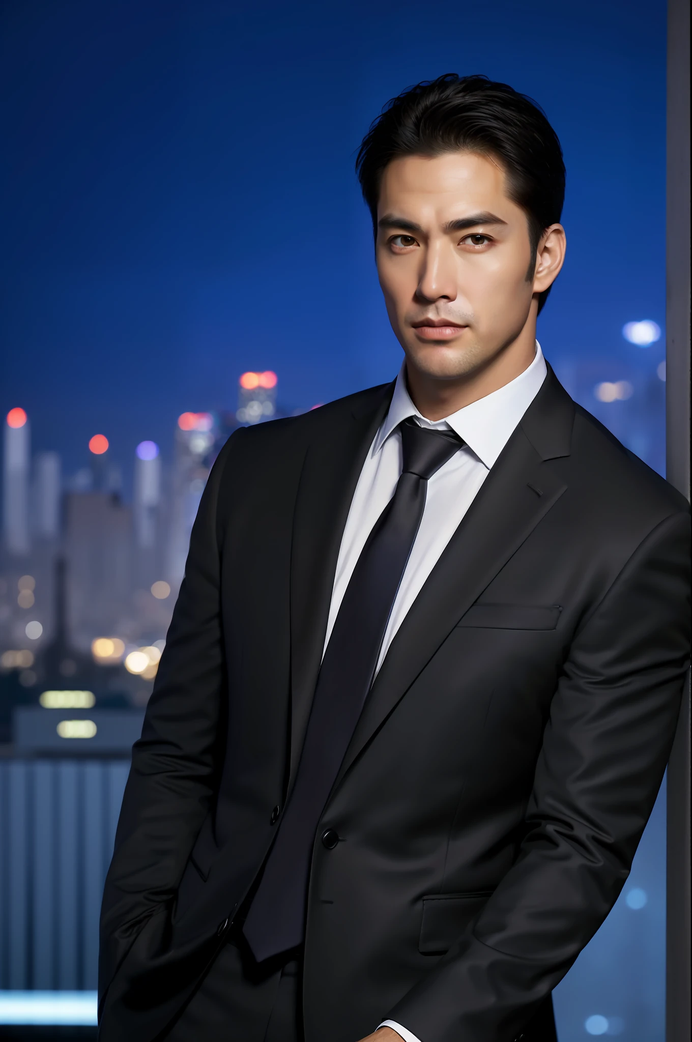 (absurdres, highres, ultra detailed, realistic, ), 1 male, solo, adult, mature, tall muscular guy, broad shoulders, handsome, very short hair, black hair, brown eyes, angular jaw, thick neck, thick eyebrows, night, dark, the night view of the city background, formal suit, necktie, upper body