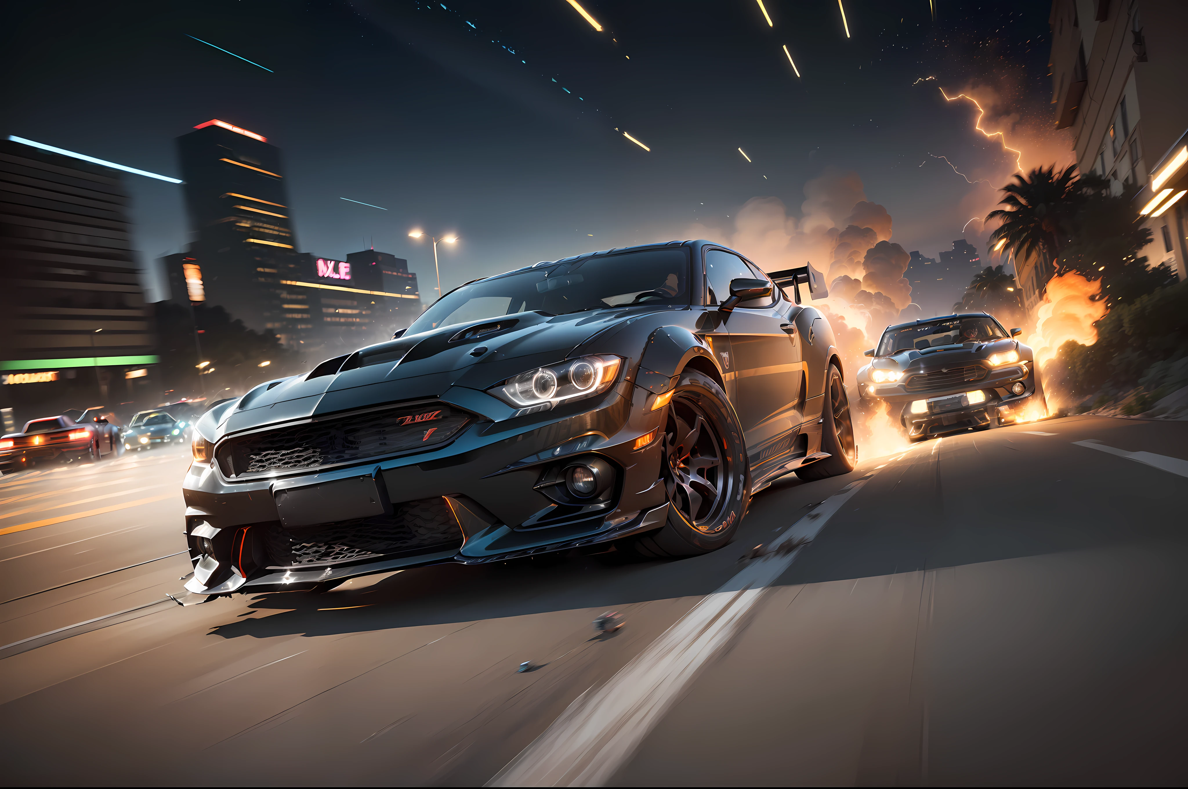 (((Concept muscle car, custom paint, in a night-time street drag race))), ((💥)),((Mid-air photo)), (((extreme parallax motion blur of the background))),((visible body roll, pitch))), exciting scene, an enormous fireball in the distant background, street racer scene, (((driving off the top of a 30 foot high stunt-ramp)), at high speed, body roll, (((extreme forward motion parallax blur))), A dramatic street scene, intense, ((wheels extreme motion blur)), (burning debris), conveying a sense of intense speed, illuminated by the street lights, blurred wheel rotation, Hasselblad HD6, f22, back-lit, street view, close-up view,