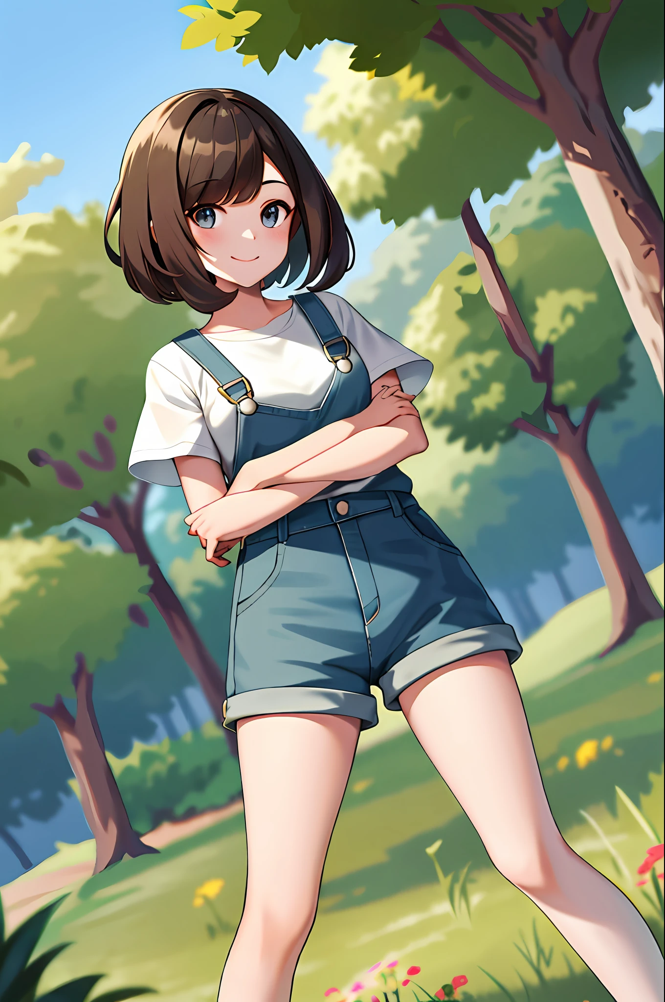 masterpiece, Best Quality, Hi-Res, Selene 1, 1 girl, Selene 1, 1 girl, Selene (Pokemon), Solo, Grey eyes, Brown hair, Shorts, Overalls, Border pattern, Short hair, Short sleeves, Short shorts, Stripes, Cowboy shots, Grass, Field, Smile, Have a poké ball, Put your hands on your hips, Pokeball\(basic),