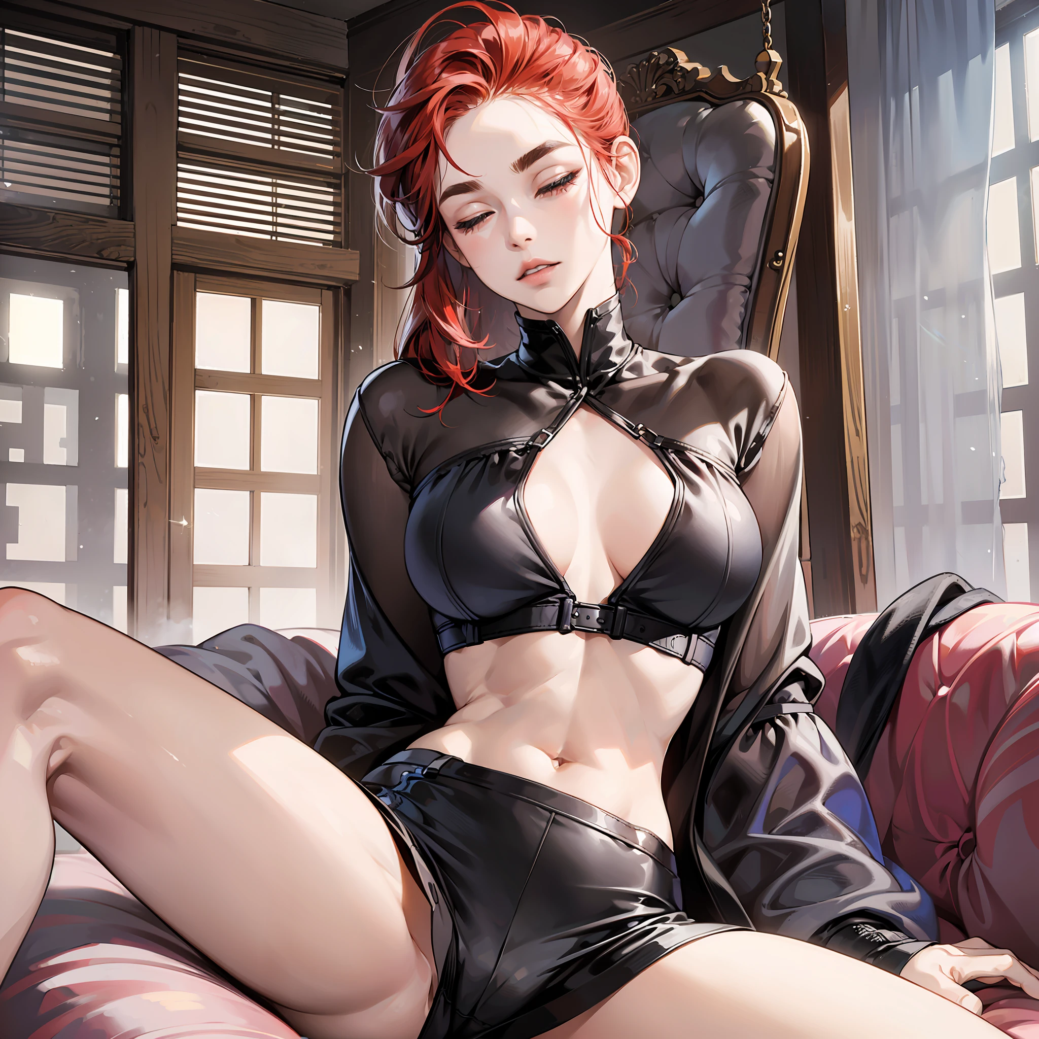 Realistic, 8k, 1girl, skinny, shaved head, redhead, closed eyes, clean face, thick eyebrows, floss, swinging breasts,, thin abdomen, thighs, open legs, on the couch --auto --s2
