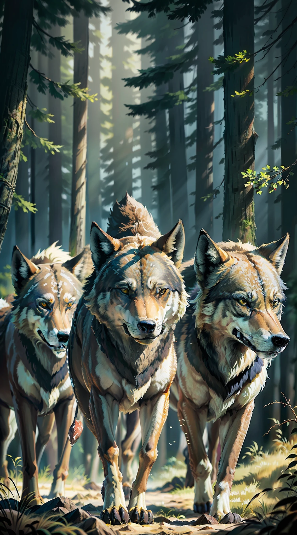 Pack of wild wolves, hunting, light, dangerous forest. (photorealistic) Great leader. "Ultra realistic perfect strokes" (Open image)