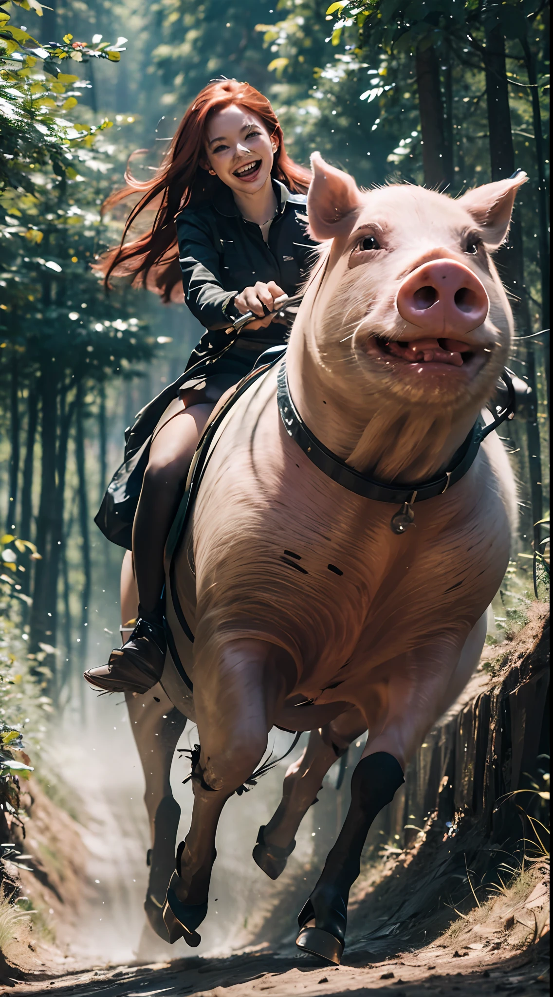 A girl riding a pig, galloping at high speed, masterpiece, beautiful, surreal, laughing red hair, forest background