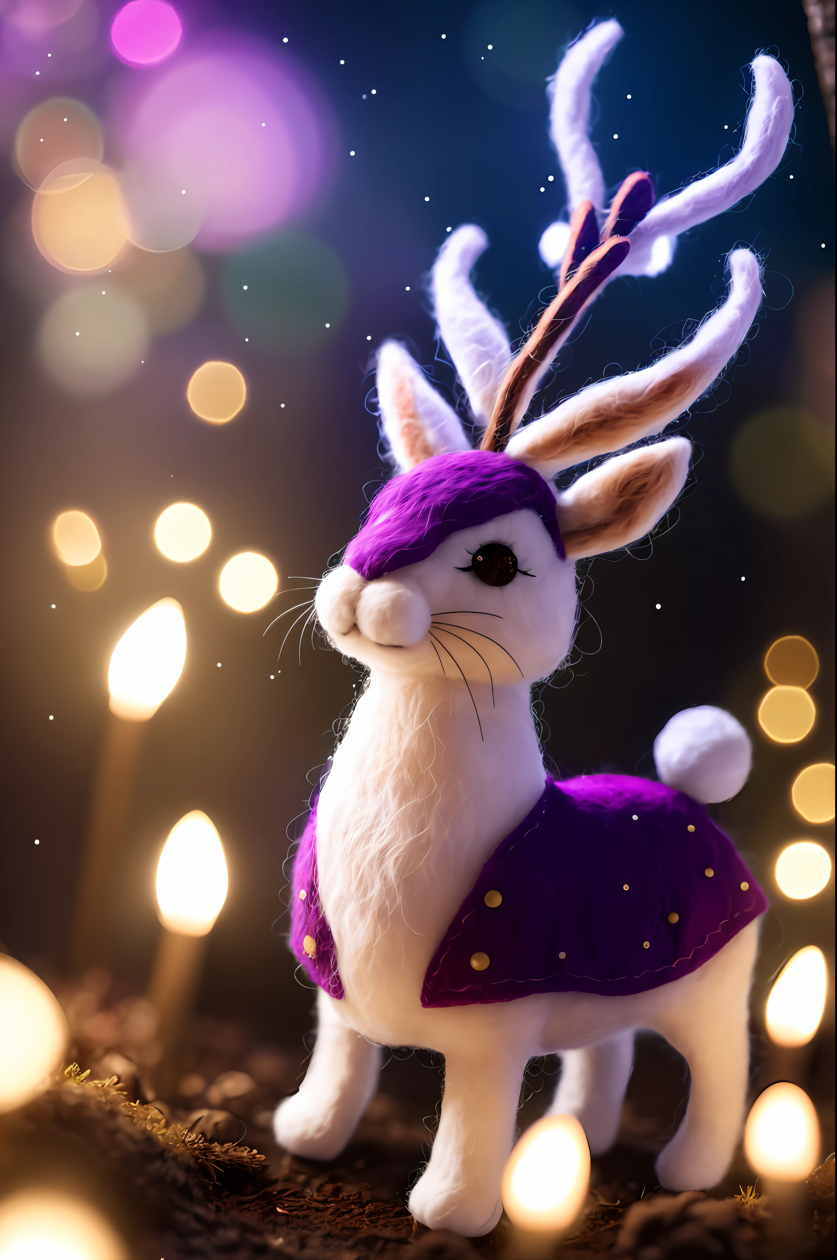 beautiful portrait of cute jackalope in the middle of magical forrest at night, magic lights, sparkles, felt, felted, fuzzy, handmade, handcrafted, plushie, doll, diorama, scene, close up, tilt shift, award winning photography, intricate details, insanely detailed, cinematic lighting, sharp focus, 85mm lens, unreal engine, octane render