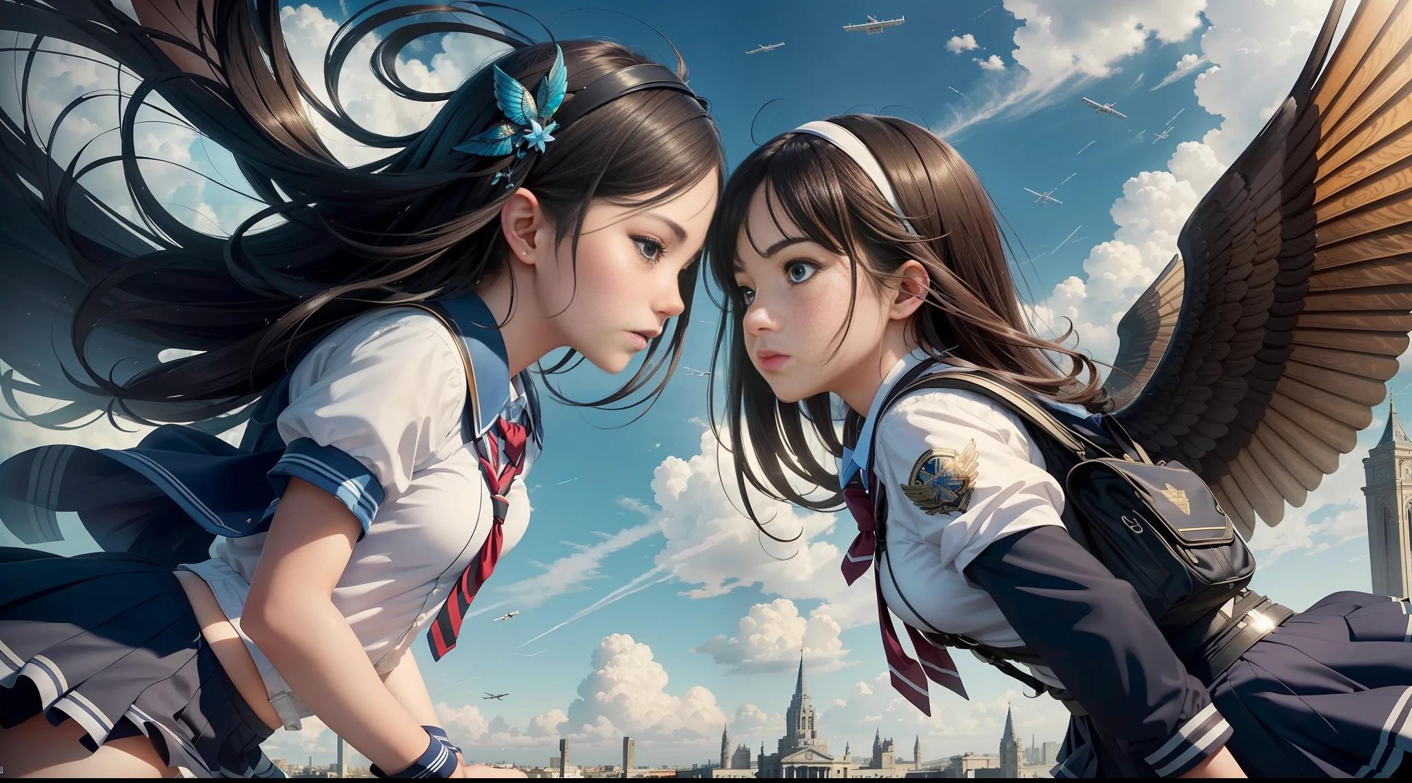 ((masterpiece)), (((best quality))), ((ultra-detailed)), (Amazing:1.1), blue sky, two high school girls, (((((flying in the air))))), (((flying sky))), they are realistic, they are very cute high school girl, black hair and black eyes, beautiful legs, beautiful profile, (((wearing school uniform))), two high school girls are flying sky, liberation, concept art, raw, detailed background, complex background, wallpaper, poster, sharp focus, hyperrealism, insanely detailed, lush detail, filigree, intricate, crystalline, perfectionism, max detail, 4k uhd,