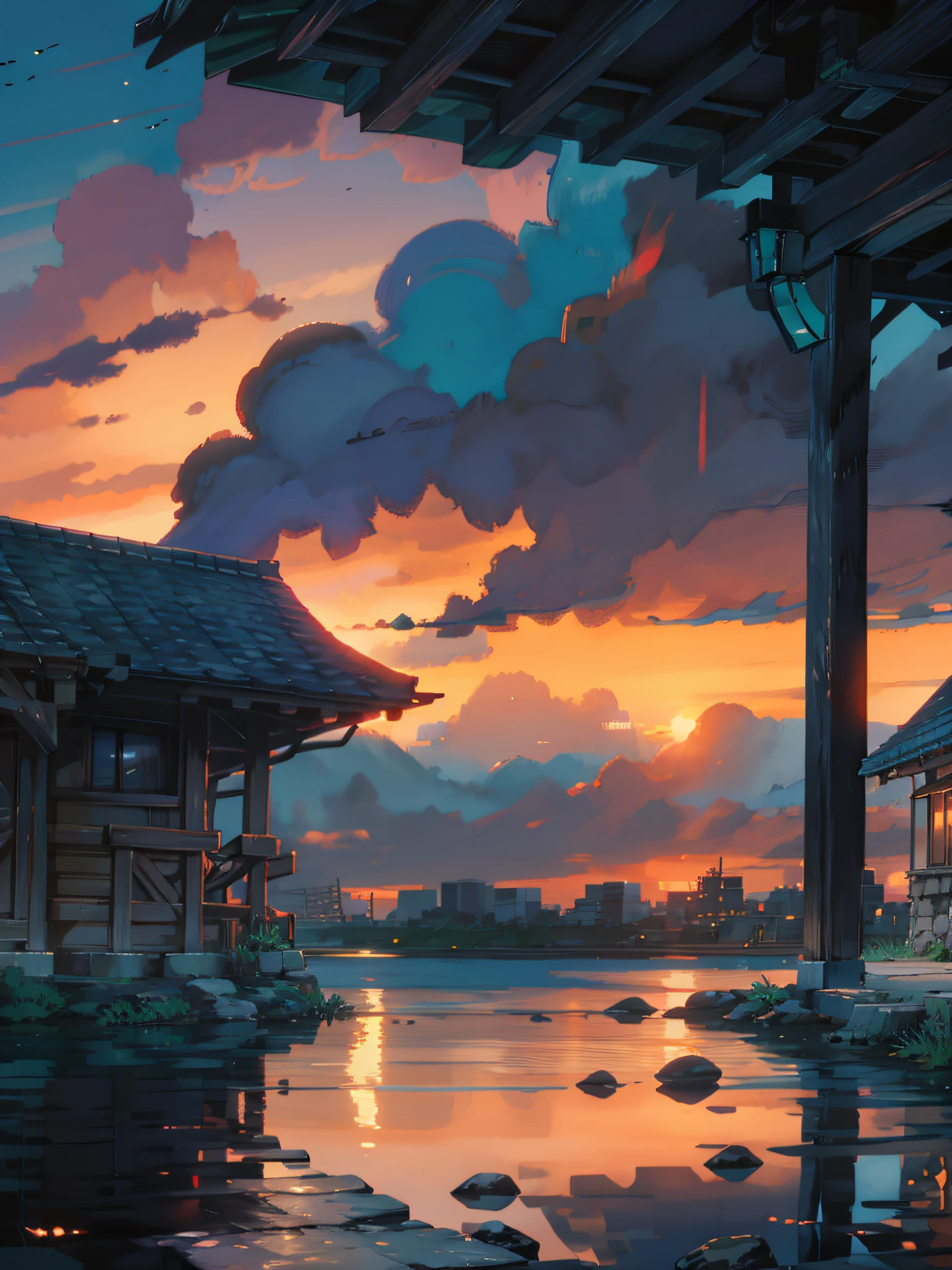 Sunset, wind up, girl sitting under stone pier, confused, HD 8k, masterpiece