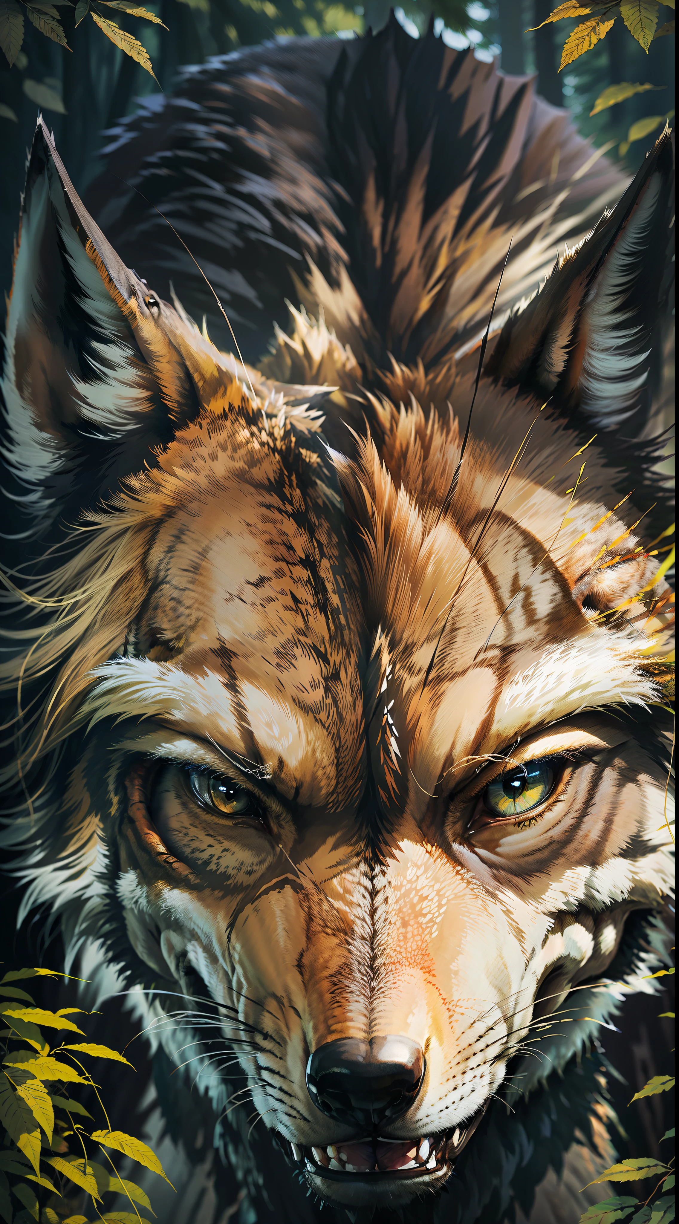 Pack of wild wolves, hunting, light, dangerous forest. (photorealistic) great leader
