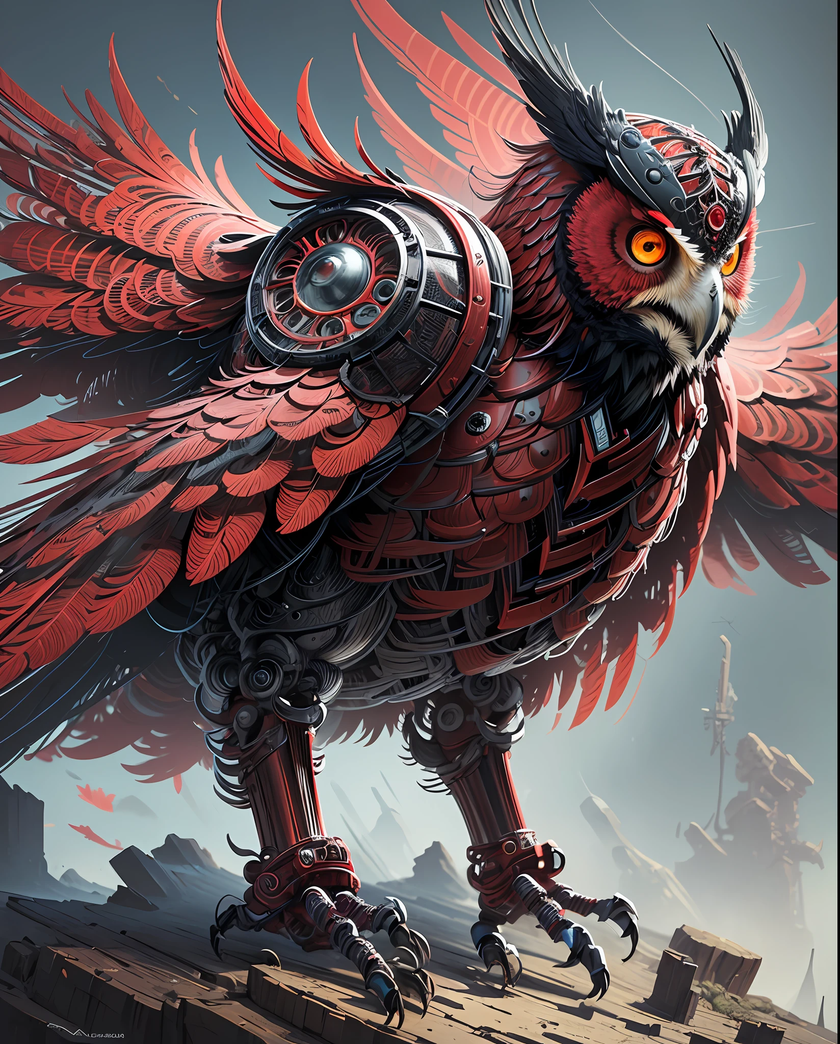 Close-up of red and black owl wearing helmet, black owl in net armor, red biomechanical details, highly realistic concept art, ultra-detailed digital art, highly detailed digital concept art, highly detailed digital artwork, realistic complex concept art, surrealist concept art, beautiful digital artwork, robot bird, highly detailed digital art, high quality digital concept art --auto --s2