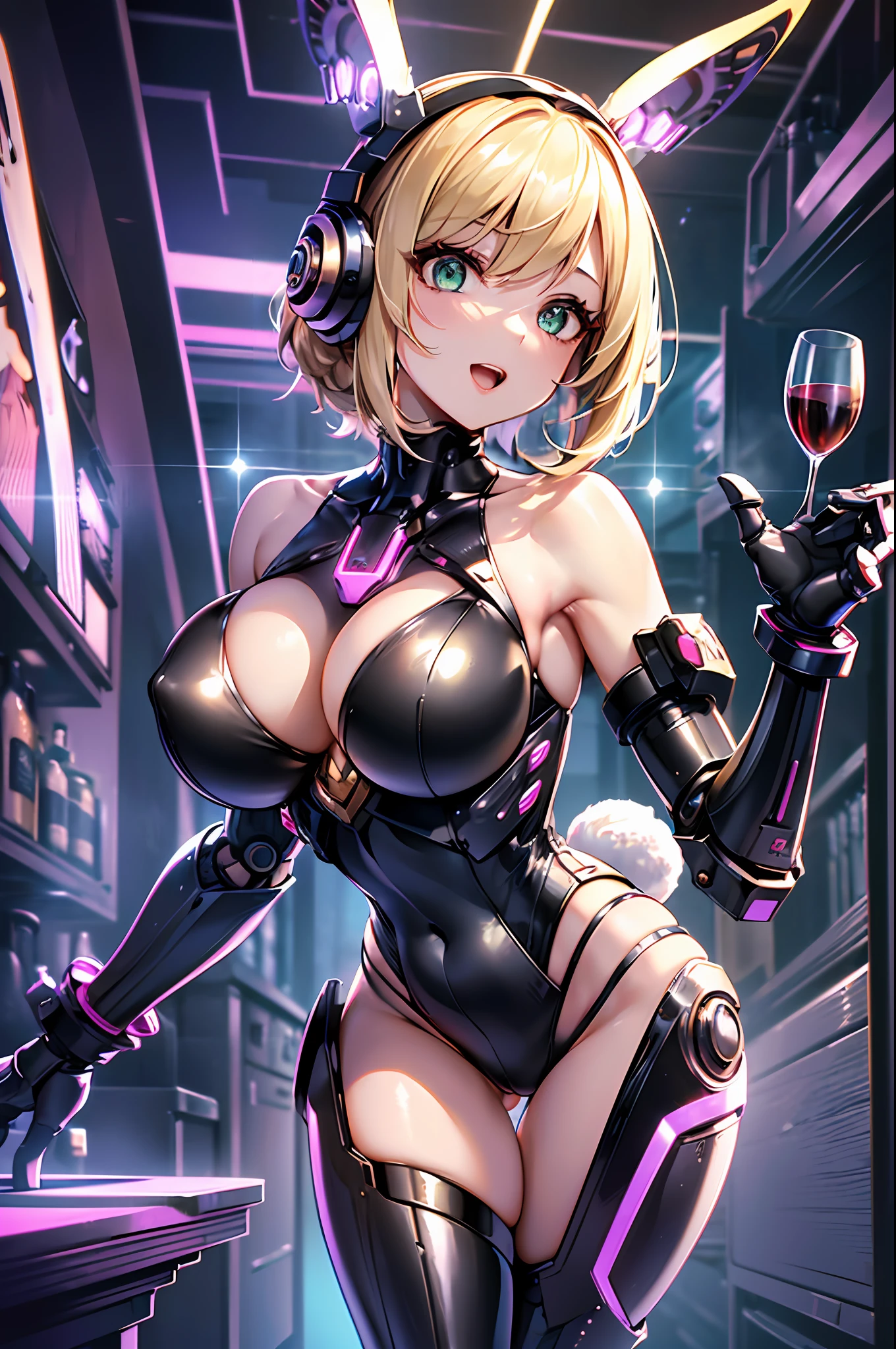 Top quality, masterpiece, fine detail, super detailed, accurate depiction, highly detailed 8k wallpaper, beautiful mechanical girl, open mouth, solo, green eyes, happy smile, (sexy mechanical girl: 1.3), five perfect fingers, (white exoskeleton suit: 1.1), (mechanical joints, mechanical arms, mechanical legs: 1.4), (exposed shoulders, exposed armpits, exposed thighs), glamor, (thin waist, huge breasts, wide hips), rabbit ears, rabbit tail, headphone, short blonde hair, cyberpunk, (bar), counter, wine, whiskey, bourbon, (have a wine glass),