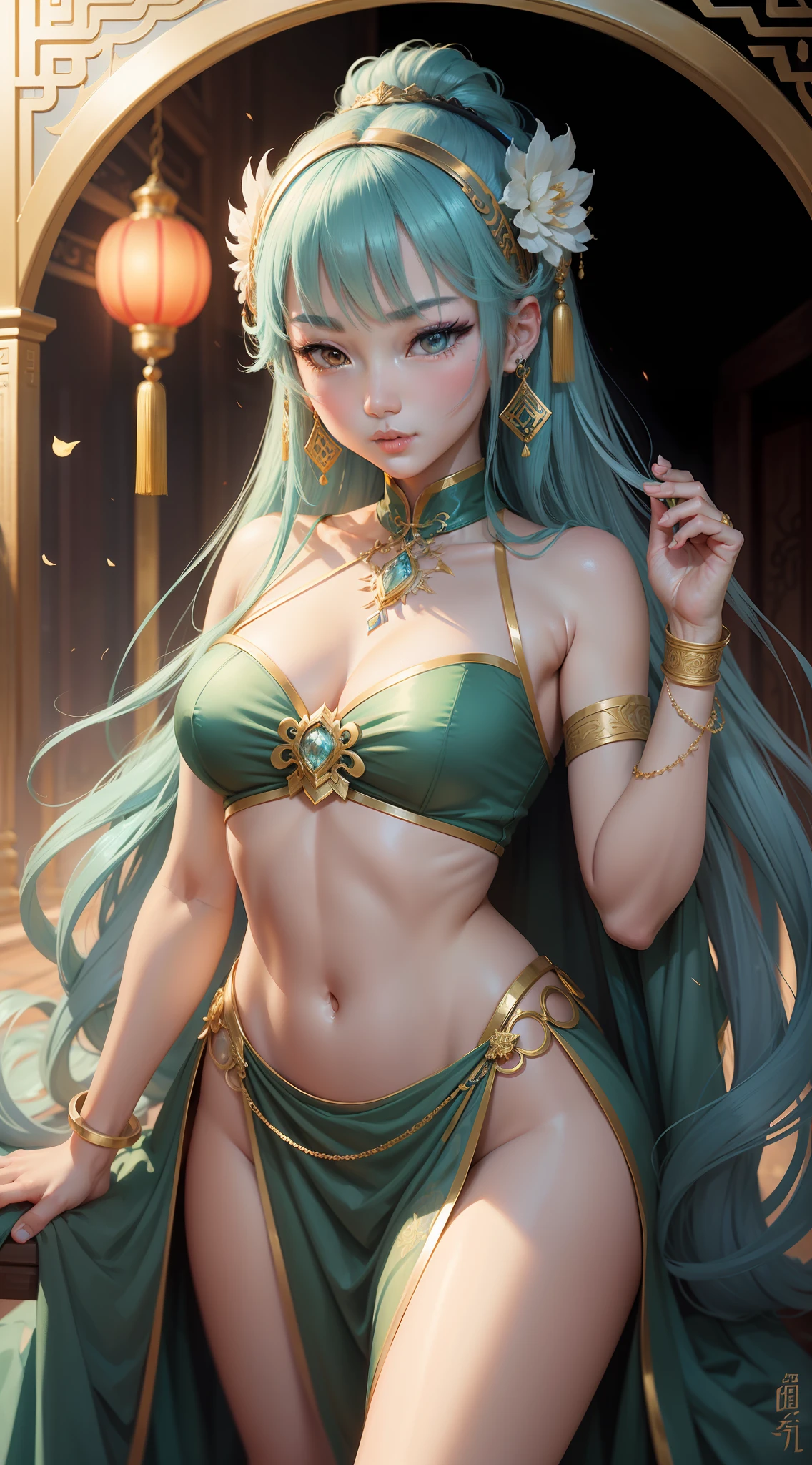 Chinese style young beauty with many elements of jewelry, in the style of anime aesthetic, lightgold and light aquamarine, aurorapunk, official art, charming sketches, classical figures, 32k uhd, light sm