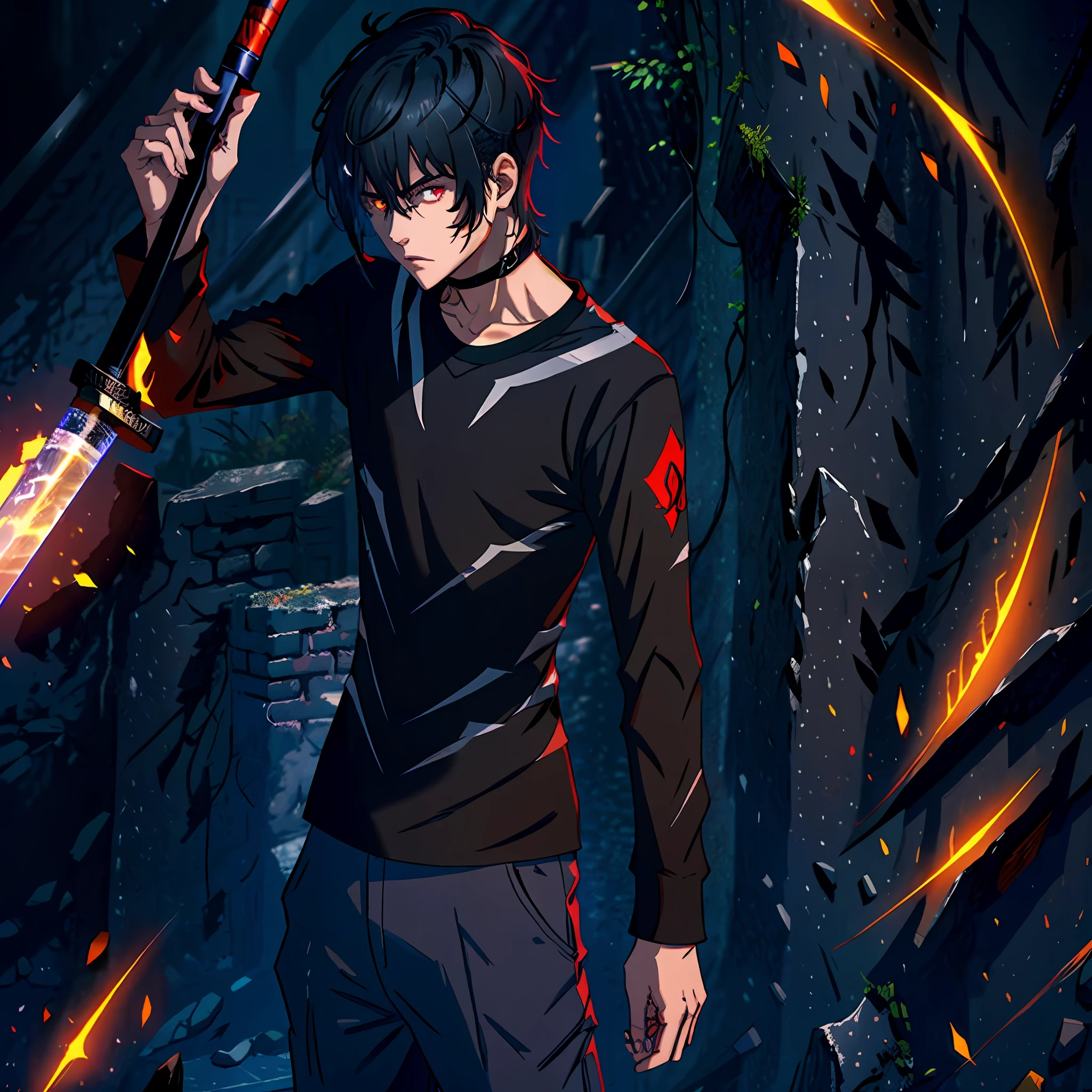 black hair, messy hair, short hair, undercut, neck tattoo, arm tattoo, pectoral tattoo, muscular constitution, tunic with long sleeves that go up to the forearm, black pants glued, wielding a sword, medium sword, sword with black handle and vibrant red hand guard, metallic gray blade, vibrant eye color, yellow and red eye, close up shot,  creating a crack in reality, powerful aura, destroyed castle, very dark, night, 8k, 64k, HD, incomparable masterpiece, dynamic lighting, cinematic, epic digital art of the highest quality, Stunning art, 4k wallpaper, 1boy, serious feature, holding a Dahlia flower