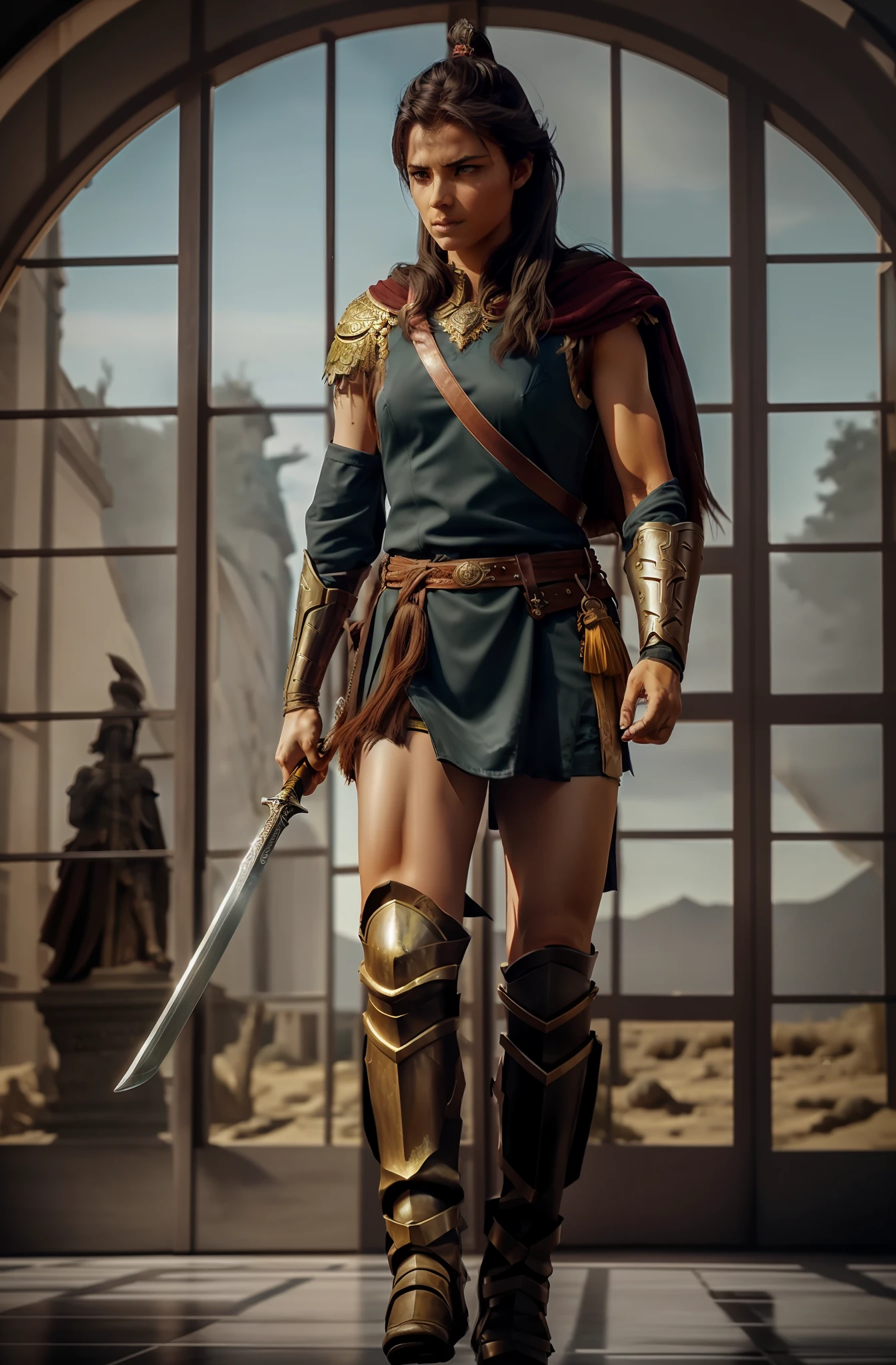 a warrior queen holding a sword and walking towards the camera, dramatic perspective, dramatic composition, ultra realistic, concept art, sony A9, 45-70mm, F40