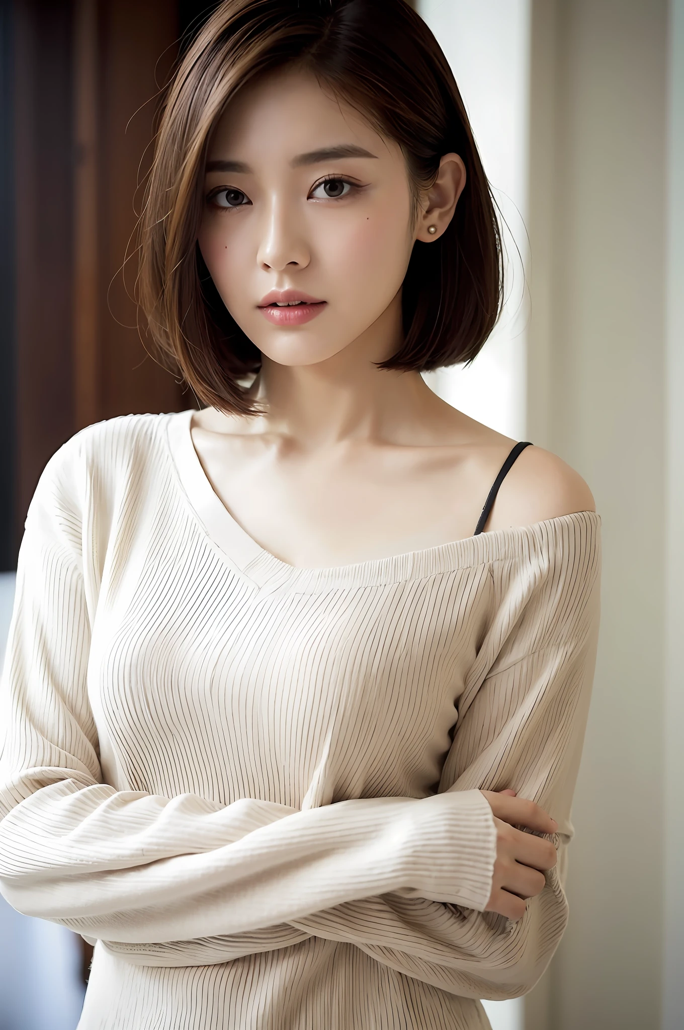 The shoulder straps of the black bra are visible