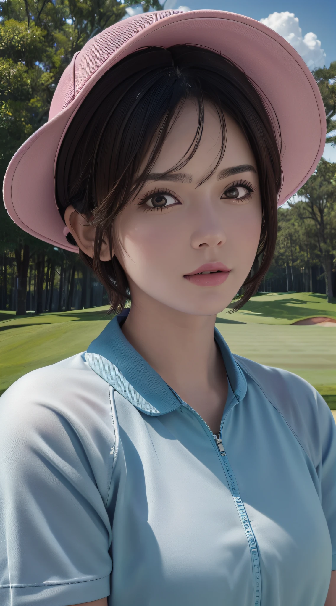 (Masterpiece: 1.3), (8k, photorealistic, RAW photo, best quality: 1.4), (1girl), beautiful face, (realistic face), (black hair, short hair: 1.3), beautiful hairstyle, realistic eyes, beautiful detail eyes, (realistic skin), beautiful skin, (pink golf wear), absurd, attractive, ultra high resolution, ultra realistic, high definition, golden ratio, (golf_ Wearing a outfit and wearing a golf_Sun visor)