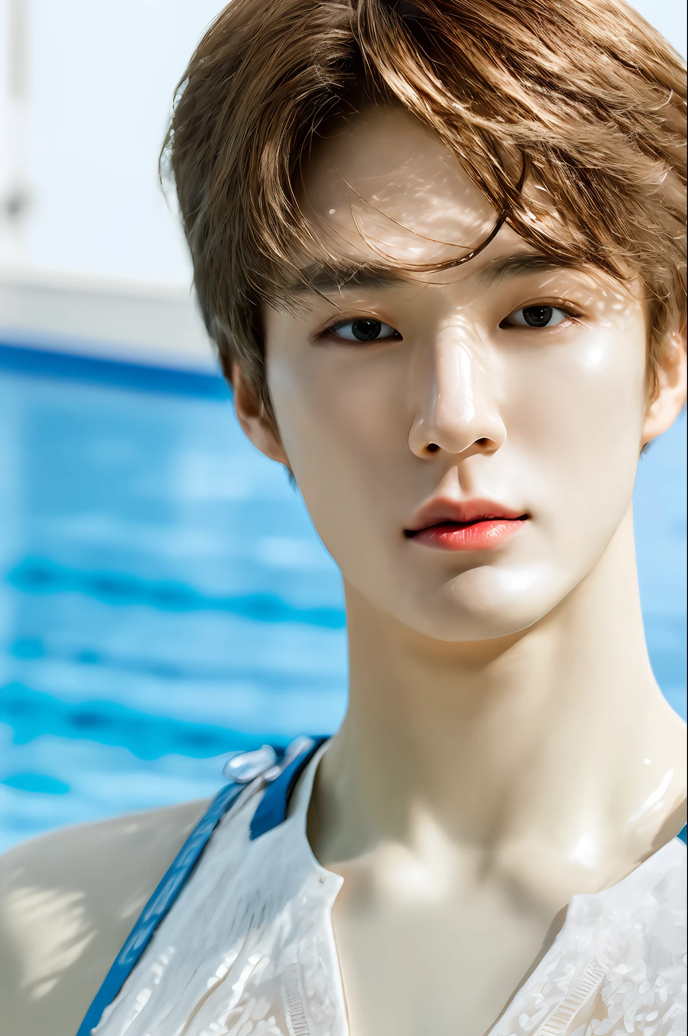 jenov2, facing front, (masterpiece, ultra quality, high resolution, 8k, intricate: 1.2), (detailed face:1.2), (topless:1.2), swimming pool background, handsome, medium length hair, detailed skin, pores, absurdres, 1boy, male focus, ((realistic)), good lighting quality,  ((pale skin)), brown eyes, perfect,