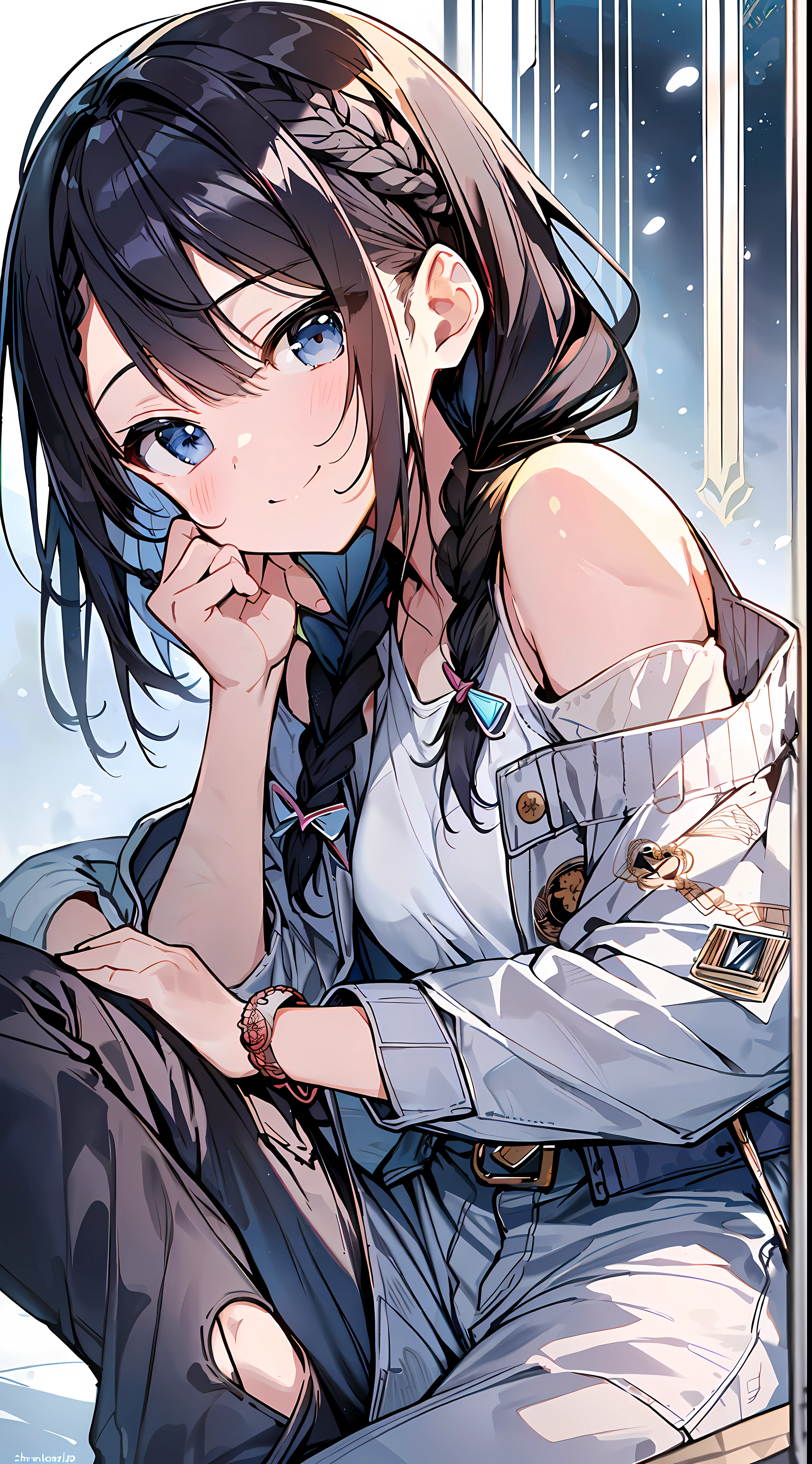 (Incredibly Absurdres Absolutely Resolution: 1.5), Best Quality, Masterpiece, Ultra High Definition, 8k, Sun, (Oversized Denim Jacket, Printed T-Shirt, Pants), Shojo Manga Style, Loli, Soft Line Art, Digital Enhancement, Shojo Manga Touch, Shoujo Manga Core, (((Hair length to shoulder))), ( ((short braid))), soft drawing, beautiful black hair, clear eyes, (((gentle smile)), ultra-detailed digital anime art, clear face depiction, ultra-detailed shojo manga character art, clear facial features, manga style, top quality colors, foot-visible angle, entangle, beautiful and aesthetic: 1.3, high quality:1.3