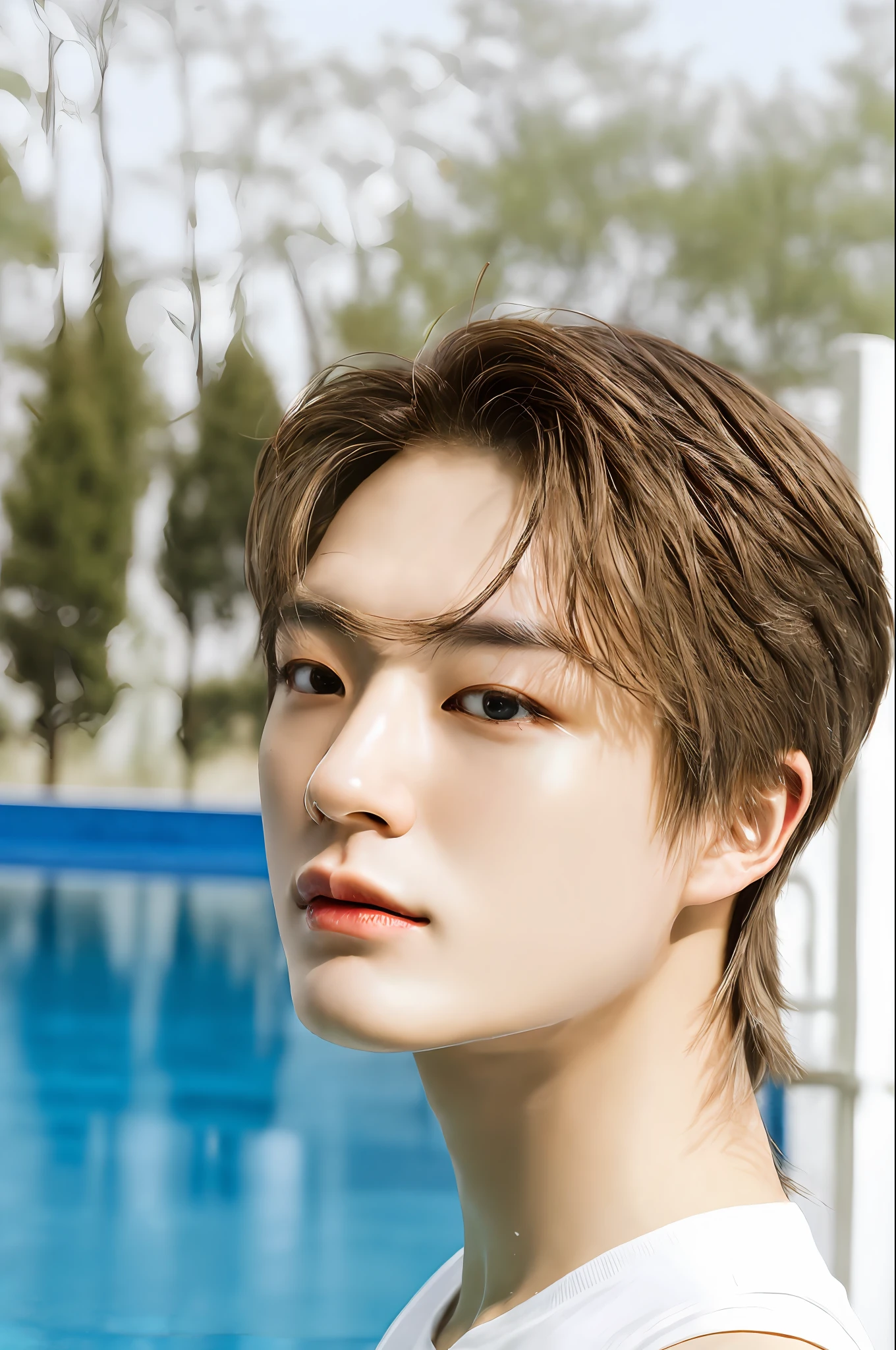 jenov2, facing front, (masterpiece, ultra quality, high resolution, 8k, intricate: 1.2), (detailed face:1.2), (topless:1.2), swimming pool background, handsome, medium length hair, detailed skin, pores, absurdres, 1boy, male focus, ((realistic)), good lighting quality,  ((pale skin)), brown eyes, perfect,